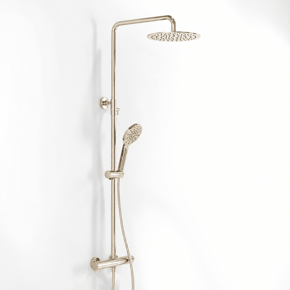 Shower system with thermostatic mixer 150mm C/C - Ø250 mm overhead shower, hand shower - polished brass - Dragør - MASTERSTORE - 8595677195712 - Showersystems - 31-120-11-64-00 - 8595677195712