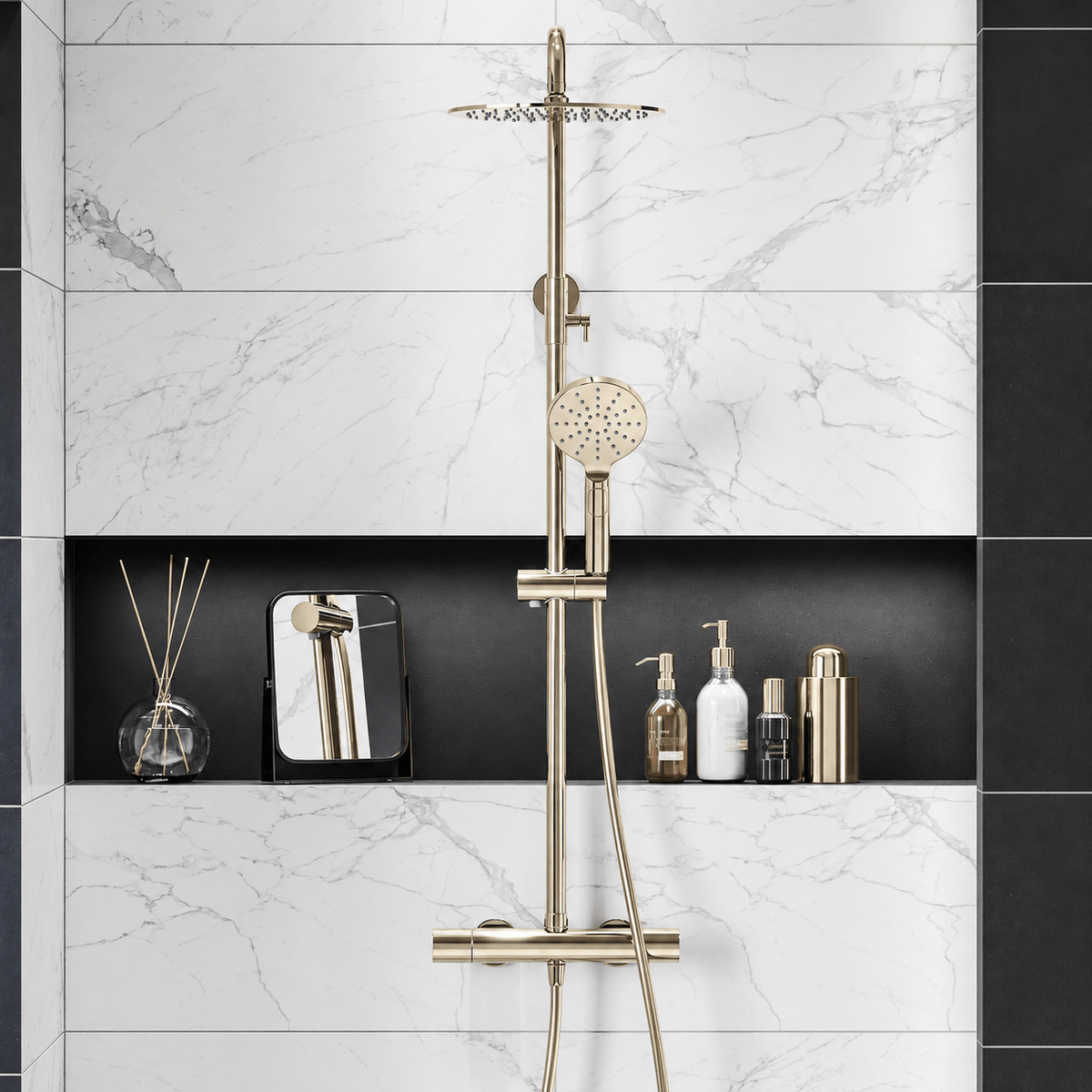 Shower system with thermostatic mixer 150mm C/C - Ø250 mm overhead shower, hand shower - polished brass - Dragør - MASTERSTORE - 8595677195712 - Showersystems - 31-120-11-64-00 - 8595677195712
