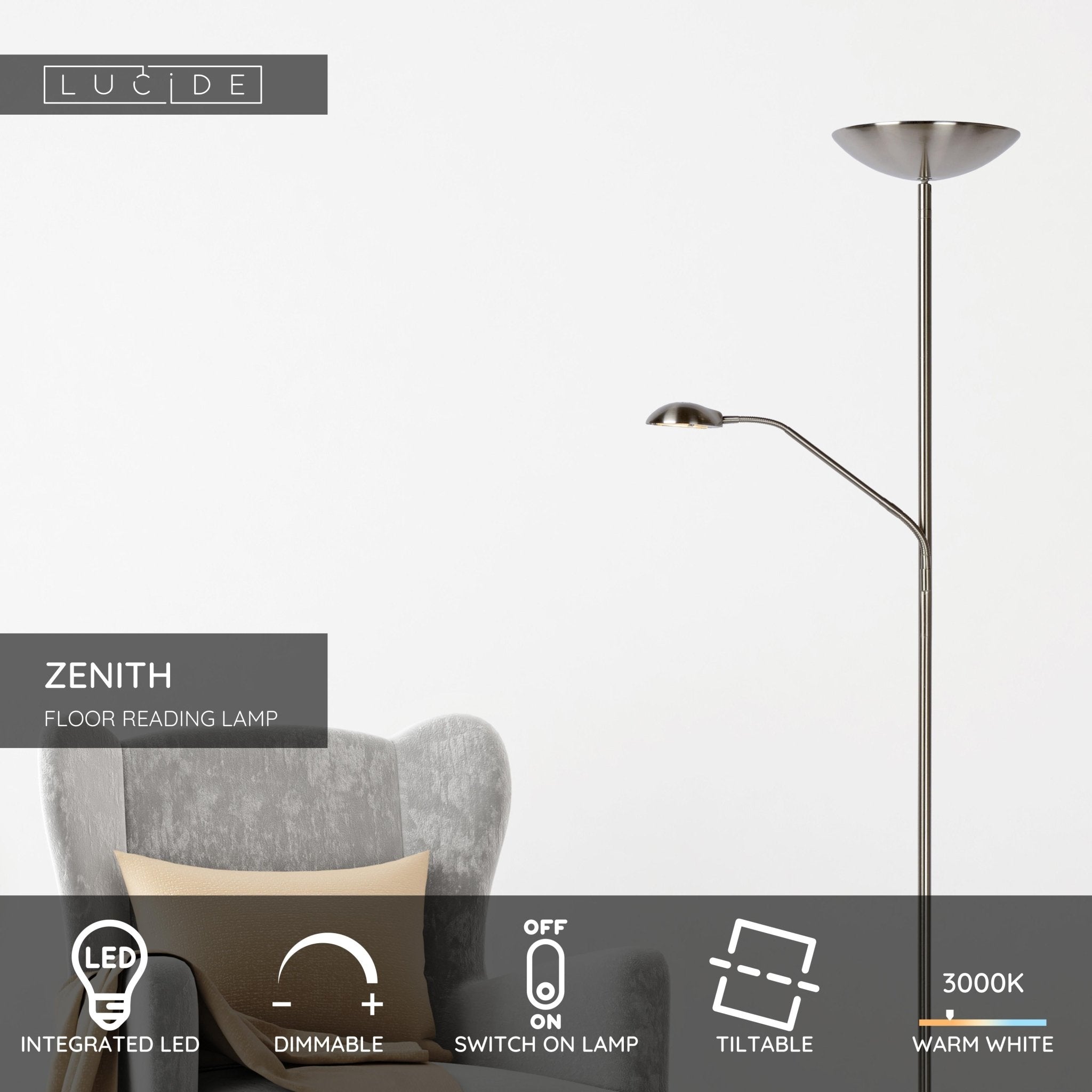 Zenith, golvlampa, satinkrom - 53,2 cm - Golvlampor - Zenith, golvlampa, satinkrom - 53,2 cm - 