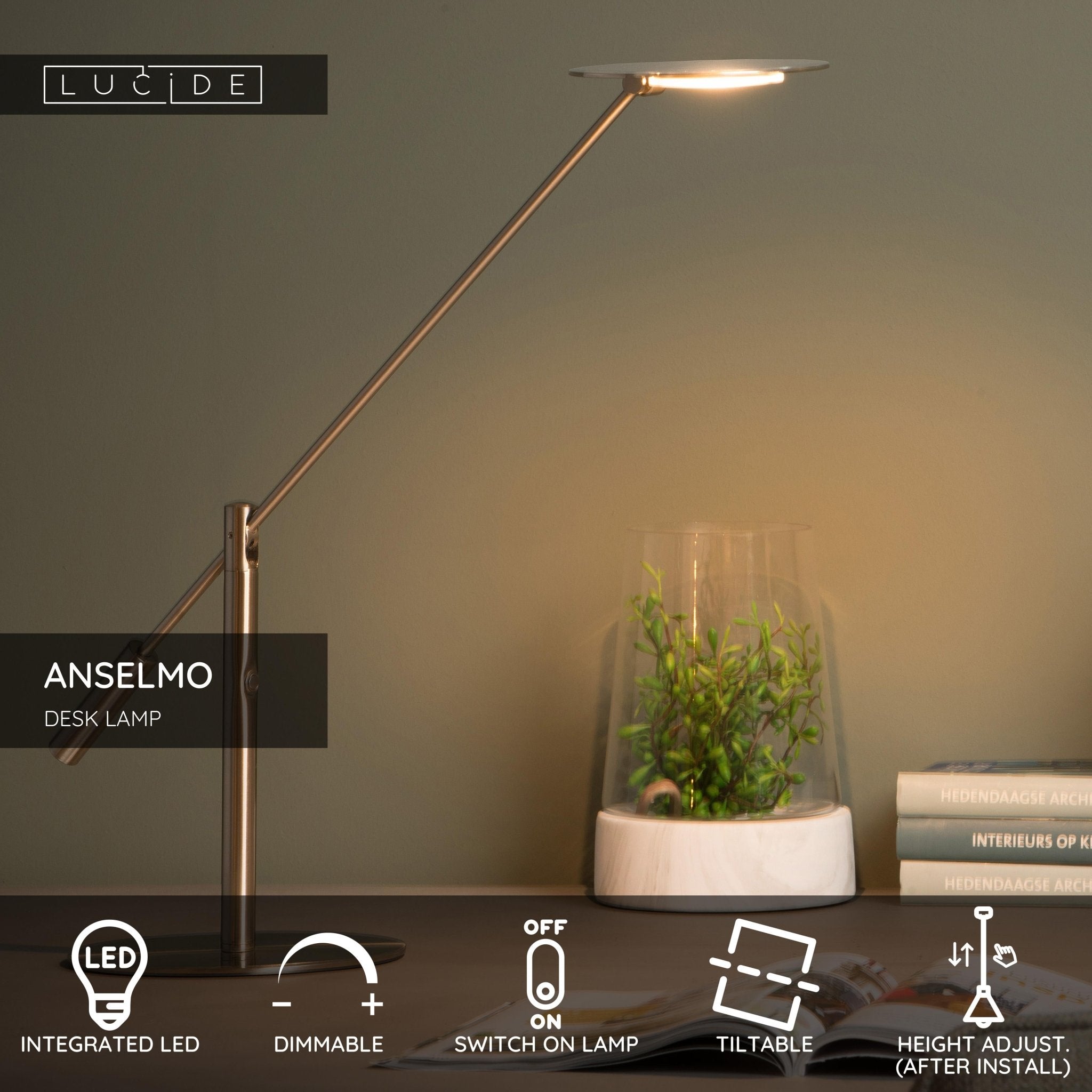 Anselmo, skrivbordslampa, satin - krom - 18 cm - Bordslampor - Anselmo, skrivbordslampa, satin - krom - 18 cm - 