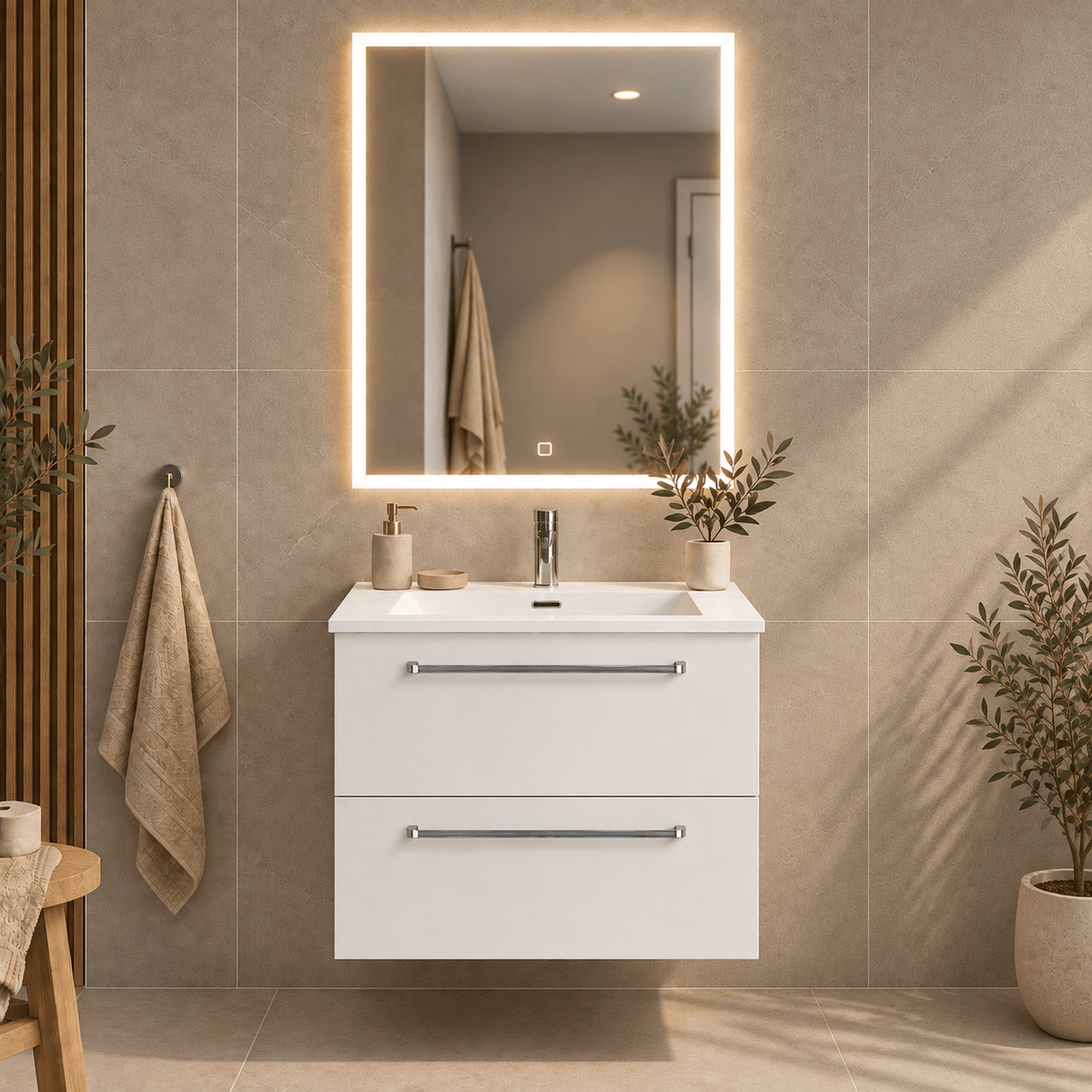 Bathroom furniture with classic fronts - 60x46x57 cm - matte white - solid surface basin - Viborg - MASTERSTORE - 8595677196726 - Vanity Units - 70-060-52-01-80 - 8595677196726