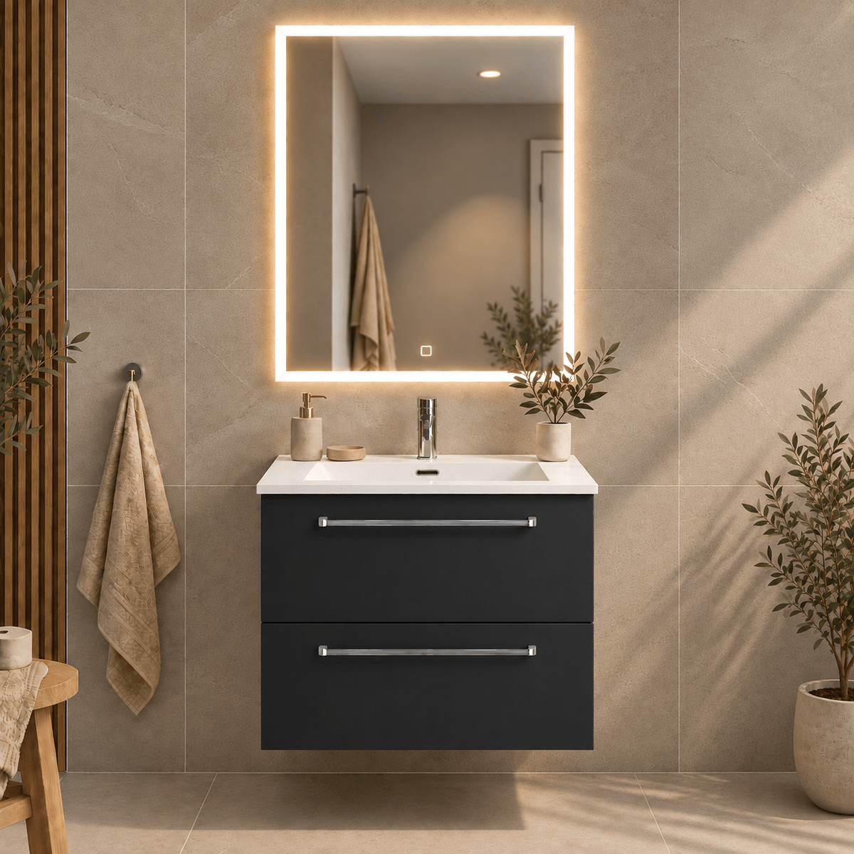 Bathroom furniture with classic fronts - 60x46x57 cm - matt black - solid surface basin - Viborg - MASTERSTORE - 8595677196849 - Vanity Units - 70-060-52-02-80 - 8595677196849