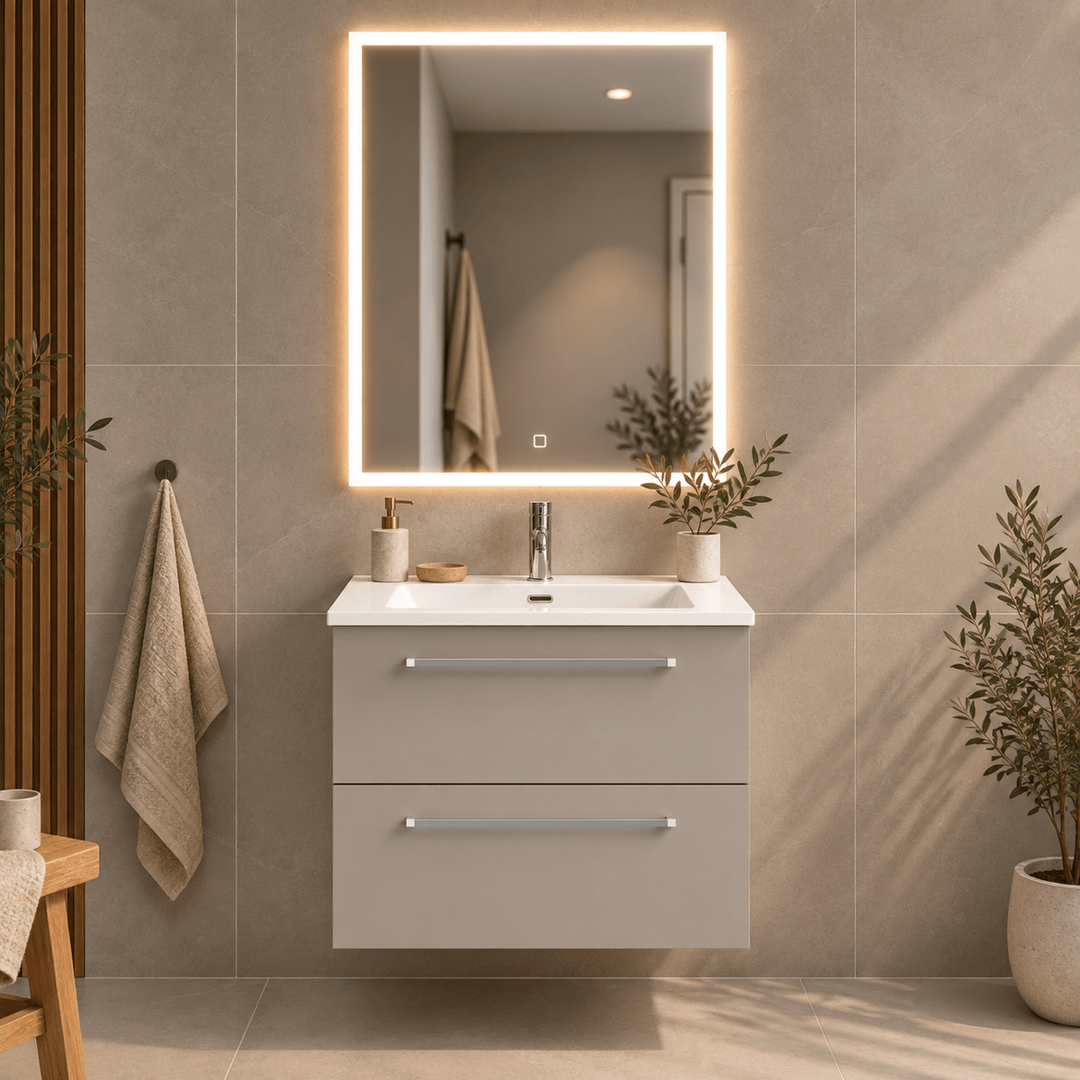 Bathroom furniture with classic fronts - 60x46x57 cm - sandstone mist - solid surface basin - Viborg - MASTERSTORE - 8595677196962 - Vanity Units - 70-060-52-30-80 - 8595677196962