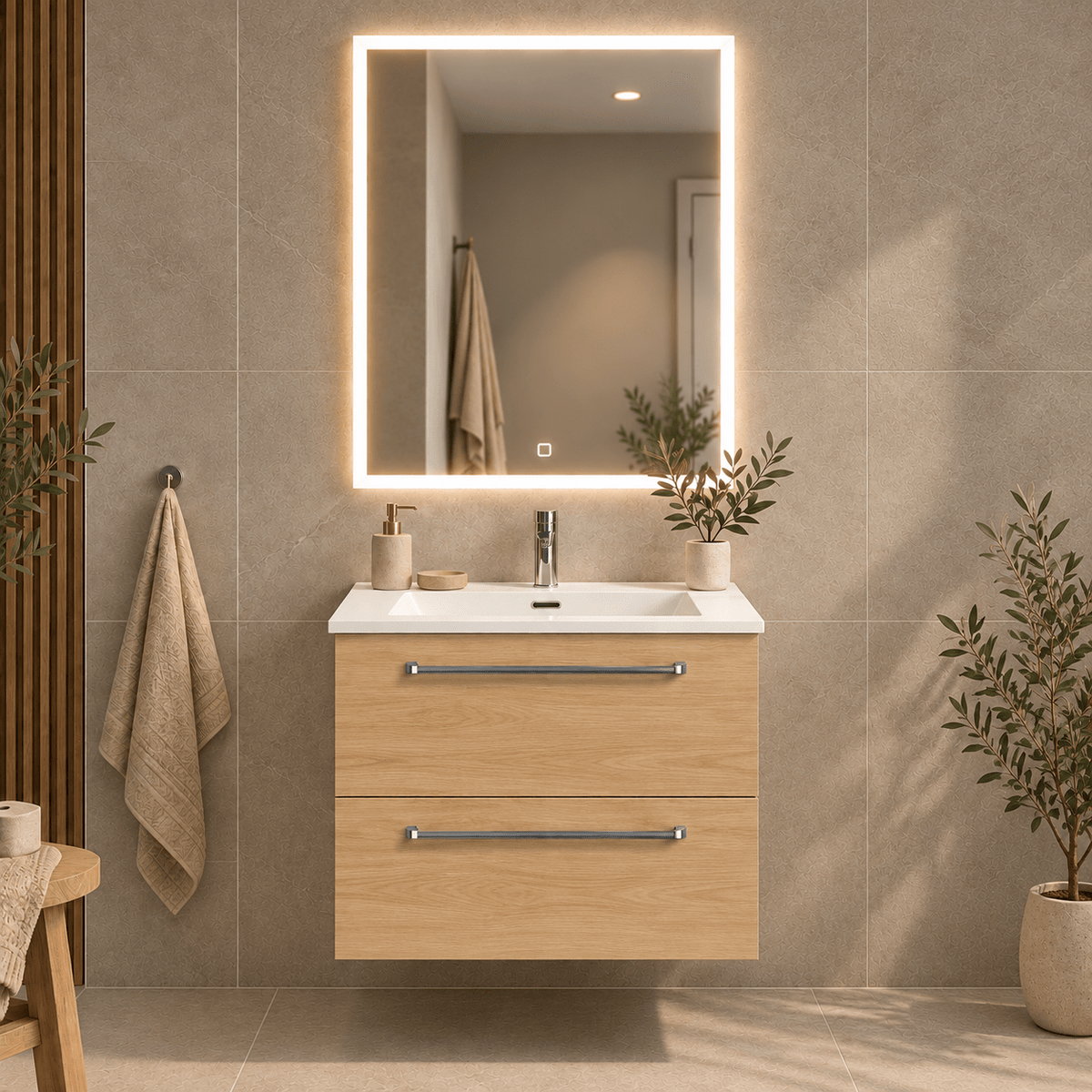 Bathroom furniture with classic fronts - 60x46x57 cm - oak - solid surface basin - Viborg - MASTERSTORE - 8595677197037 - Vanity Units - 70-060-52-86-80 - 8595677197037