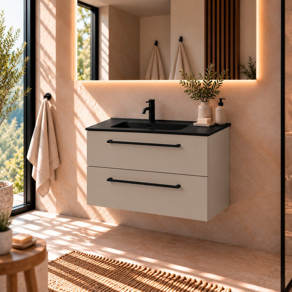 Bathroom furniture with classic fronts - 80x46x57 cm - sandstone mist - black ceramic basin - Vadum - MASTERSTORE - 8595677196313 - Vanity Units - 70-080-56-30-80 - 8595677196313