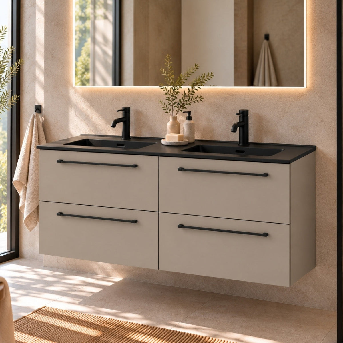 Badrumsmöbel med klassiska Fronter – 120x46x57 cm – Beige – svart dubbeltvättställ i Porslin – Vadum