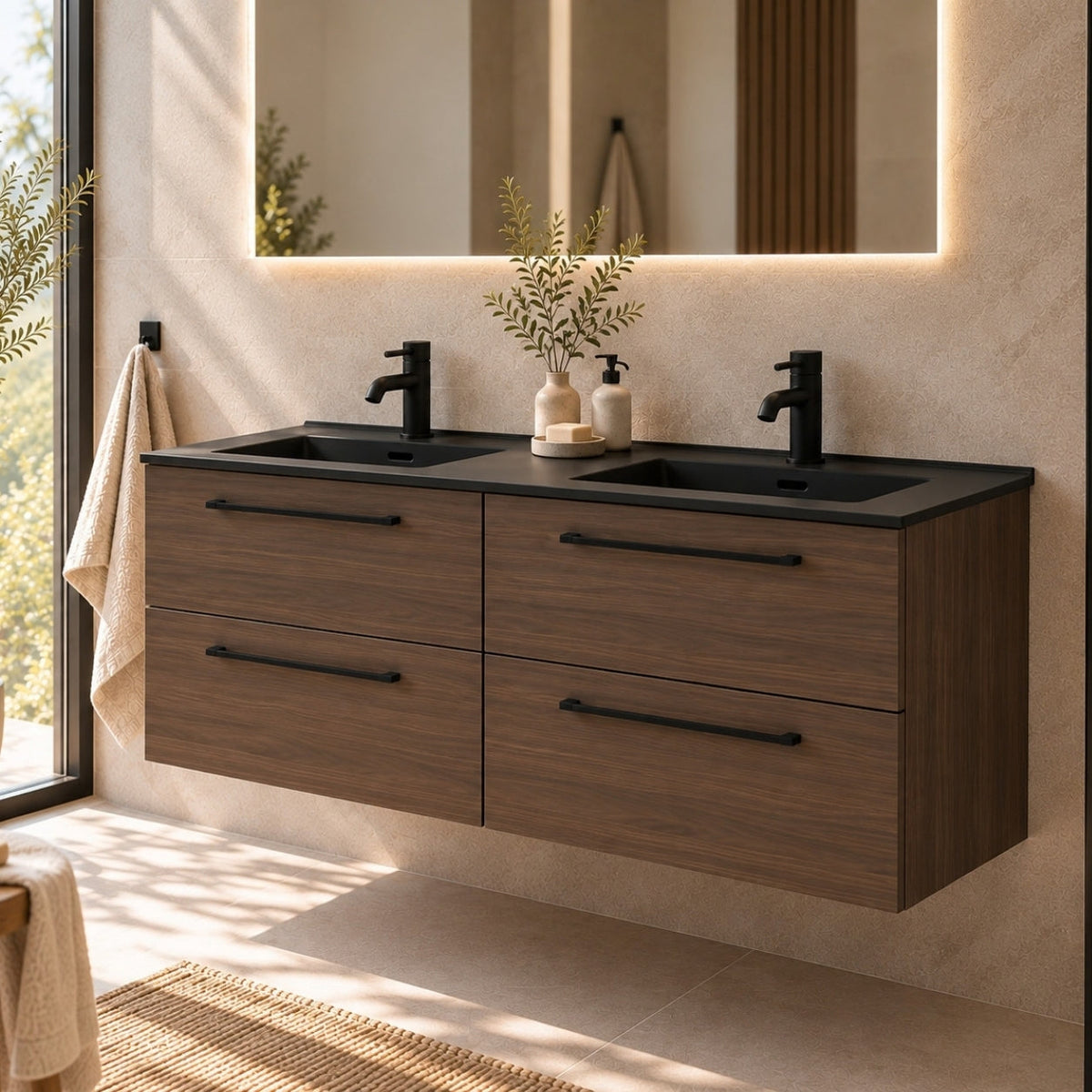 Badrumsmöbel med klassiska Fronter - 120x46x57 cm - valnöt - svart Porslin dubbeltvättställ - Vadum