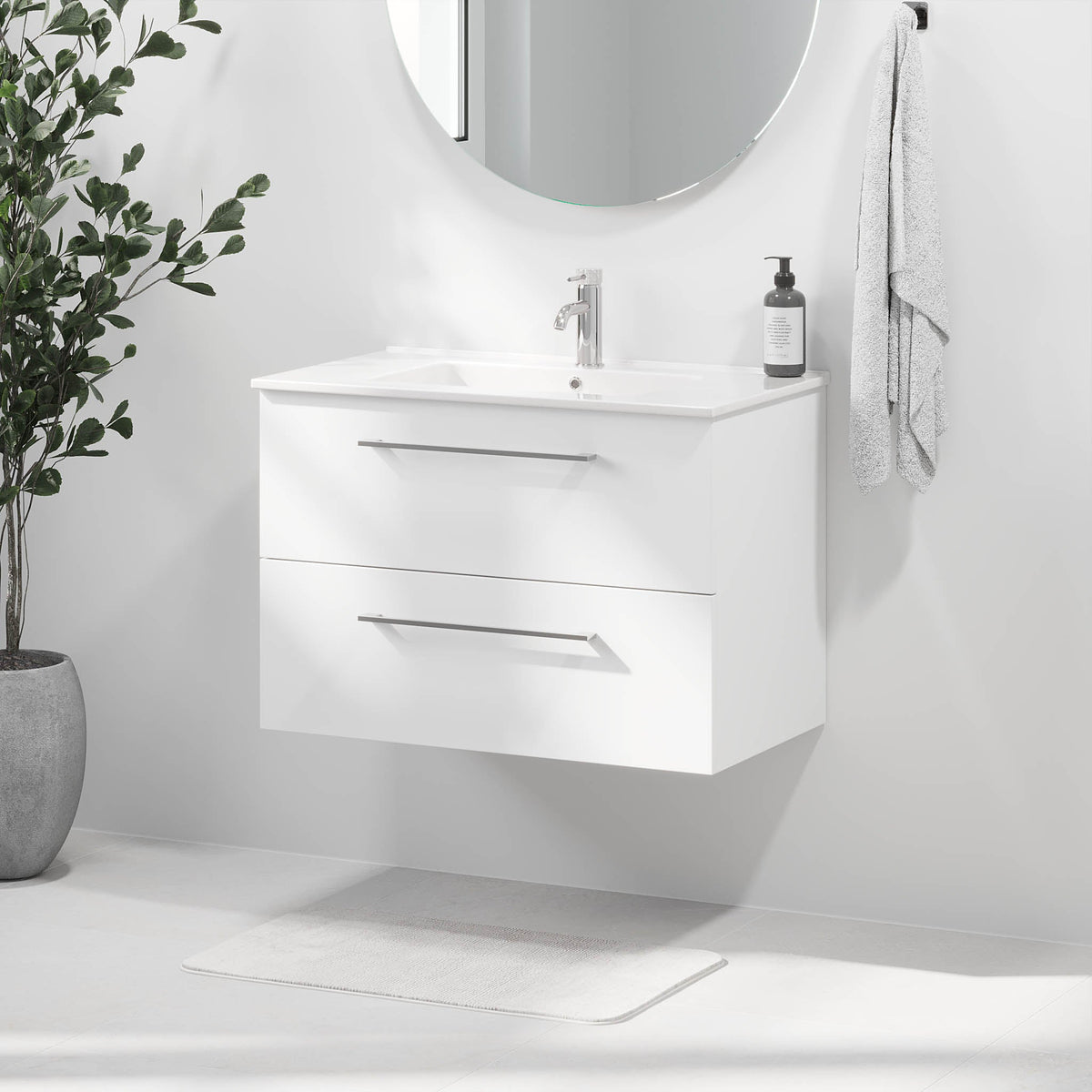 Bathroom vanity with classic fronts - 80x46x57 cm - ceramic washbasin - matte white - Magnor - MASTERSTORE - 8595677171631 - Vanity Units - 75-080-50-01-40 - 8595677171631
