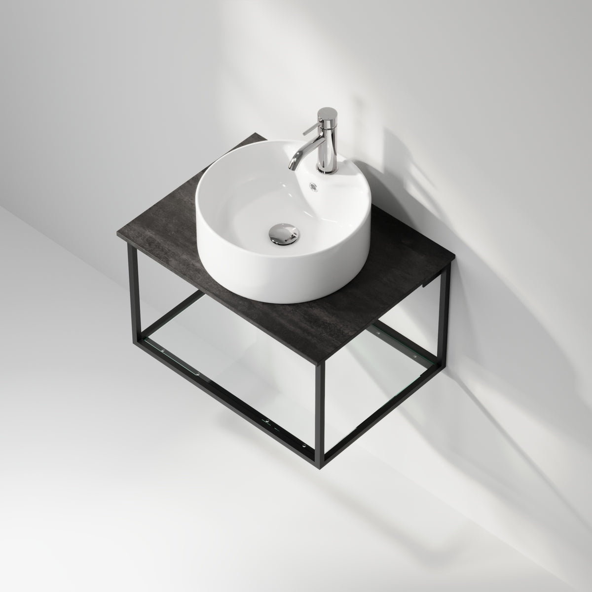 Badrumsmöbel med öppen metallram och botten i härdat glas - 80x46x50 cm - matt vit - vit fristående Porslin tvättställ - Bänkskiva i betonglook - Stenstorp