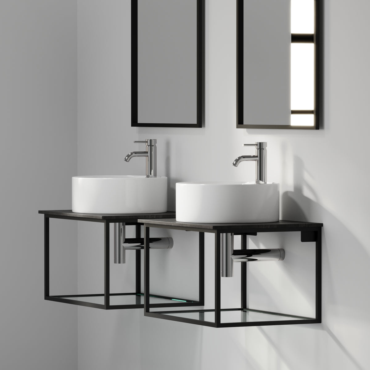 Badrumsmöbel med öppen metallram och botten i härdat glas - 80x46x50 cm - matt vit - vit fristående Porslin tvättställ - Bänkskiva i betonglook - Stenstorp