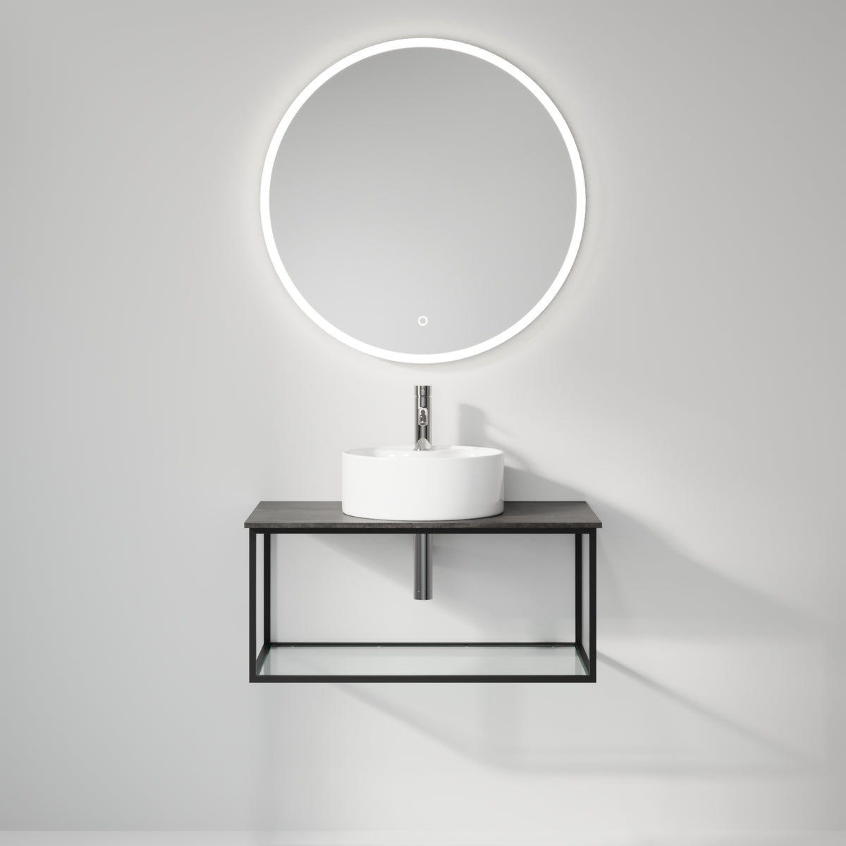 Badrumsmöbel med öppen metallram och botten i härdat glas - 80x46x50 cm - matt vit - vit fristående Porslin tvättställ - Bänkskiva i betonglook - Stenstorp