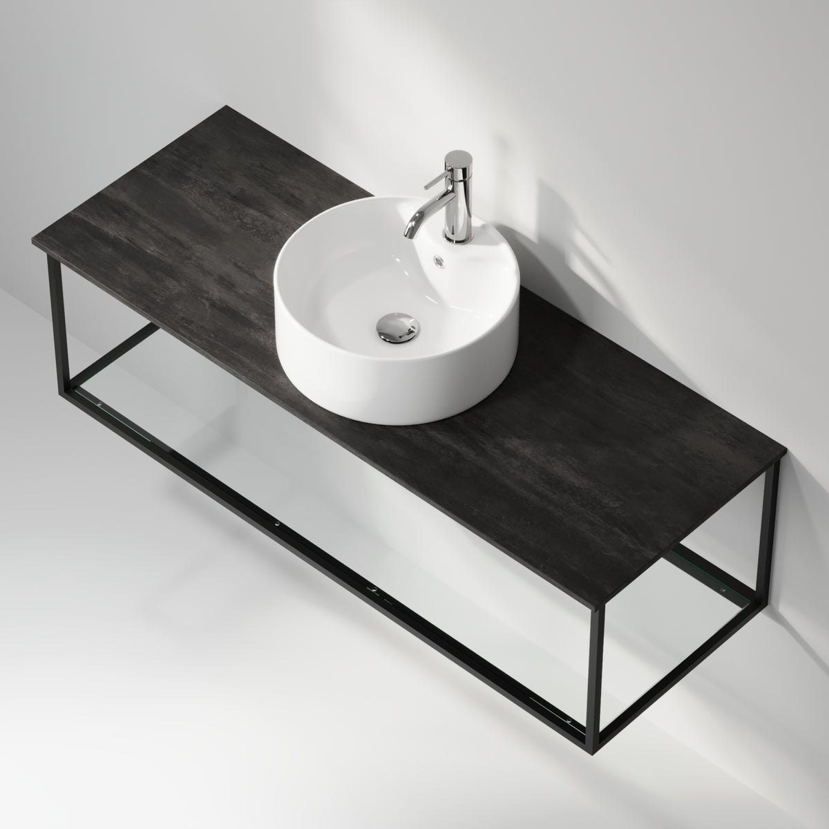 Badrumsmöbel med öppen metallram och botten i härdat glas - 120x46x50 cm - matt svart - vit fristående Porslin tvättställ - Bänkskiva i betonglook - Stenstorp