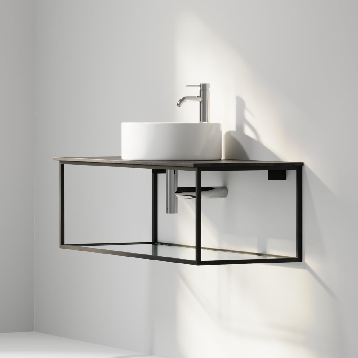 Badrumsmöbel med öppen metallram och botten i härdat glas - 120x46x50 cm - matt svart - vit fristående Porslin tvättställ - Bänkskiva i betonglook - Stenstorp