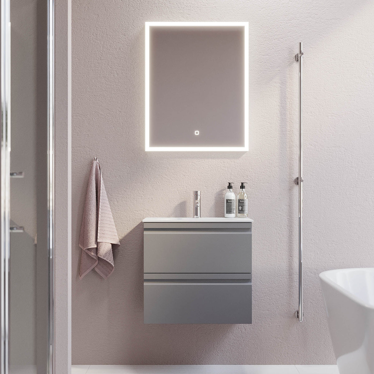 Badrumskommod med modern integrerad front - SLIM - 60x36x57 cm - Matt grå - Svart Solid Surface tvättställ - Kongsberg