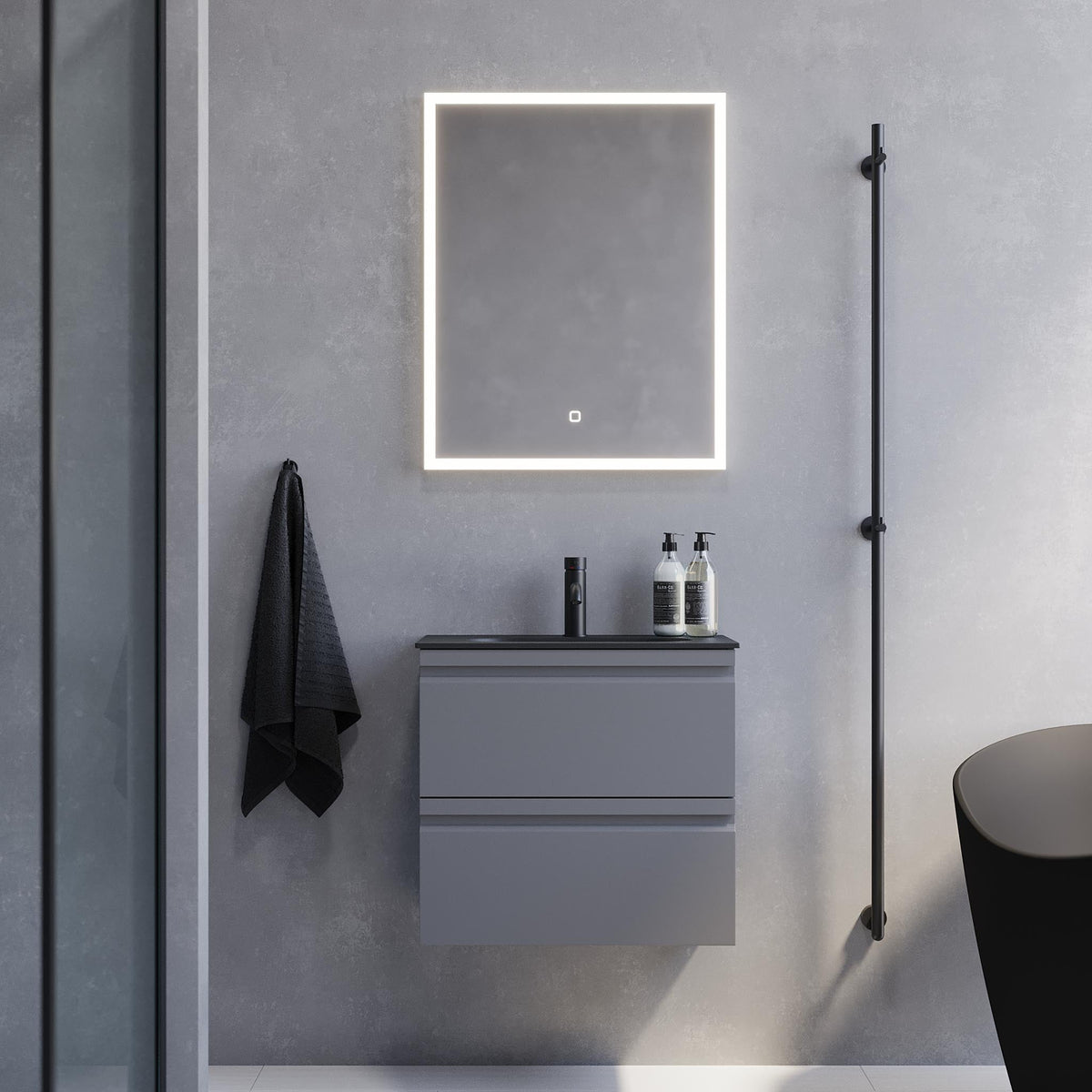 Badrumskommod med modern integrerad front - SLIM - 60x36x57 cm - Matt grå - Svart Solid Surface tvättställ - Kongsvinger