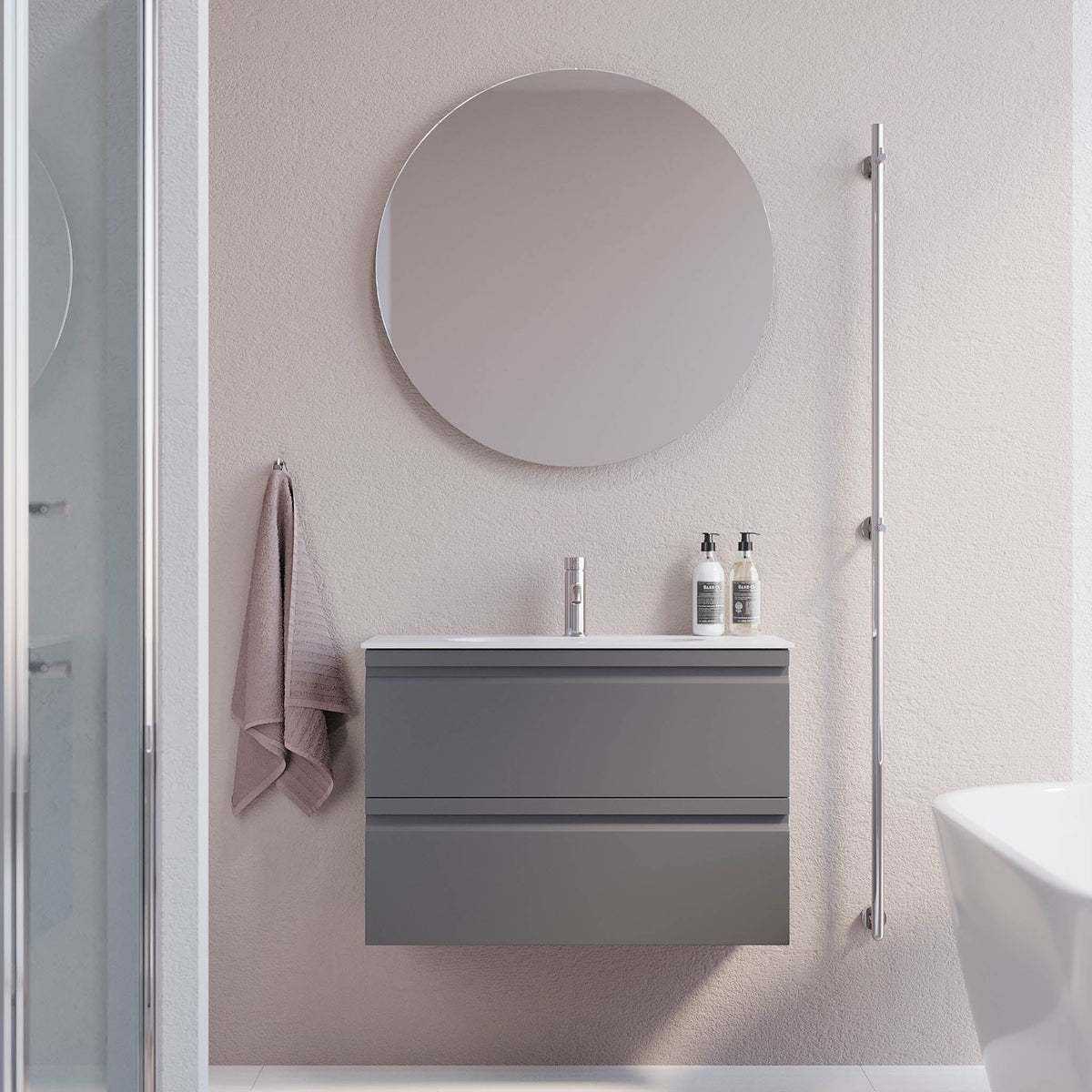 Badrumskommod med modern integrerad front - SLIM - 60x36x57 cm - Matt grå - Svart Solid Surface tvättställ - Kongsberg