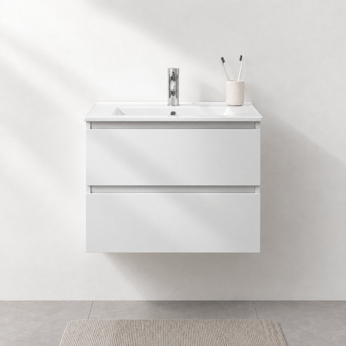 Badrumsmöbel med klassiska integrerade Fronter - 60x46x50 cm - matt vit - Porslin tvättställ - Kenwood