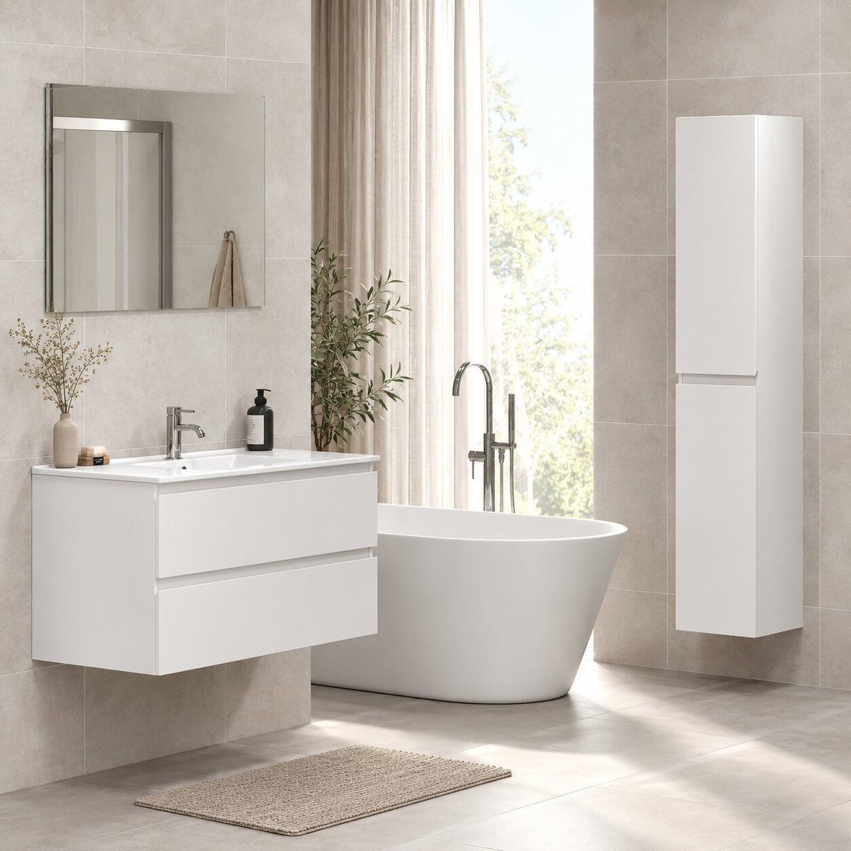 Bathroom furniture with classic integrated fronts - 60x46x50 cm - matt white - ceramic basin - Kenwood - MASTERSTORE - 8595677181029 - Vanity Units - 80-060-04-01-01 - 8595677181029