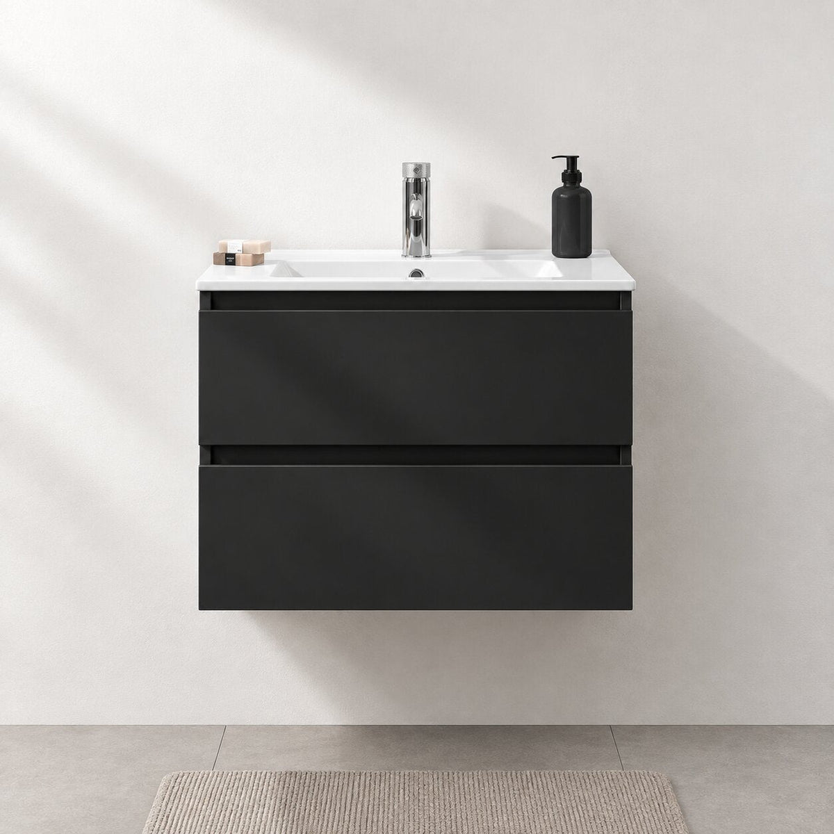 Badrumsmöbel med klassiska integrerade Fronter - 60x46x50 cm - matt svart - Porslin handfat - Kenwood