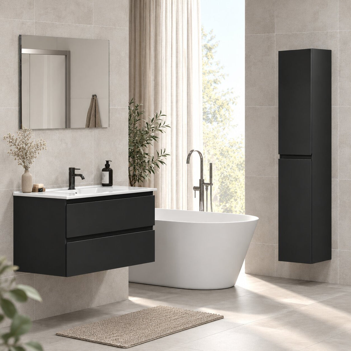 Bathroom furniture with classic integrated fronts - 60x46x50 cm - matt black - ceramic basin - Kenwood - MASTERSTORE - 8595677181036 - Vanity Units - 80-060-04-02-01 - 8595677181036