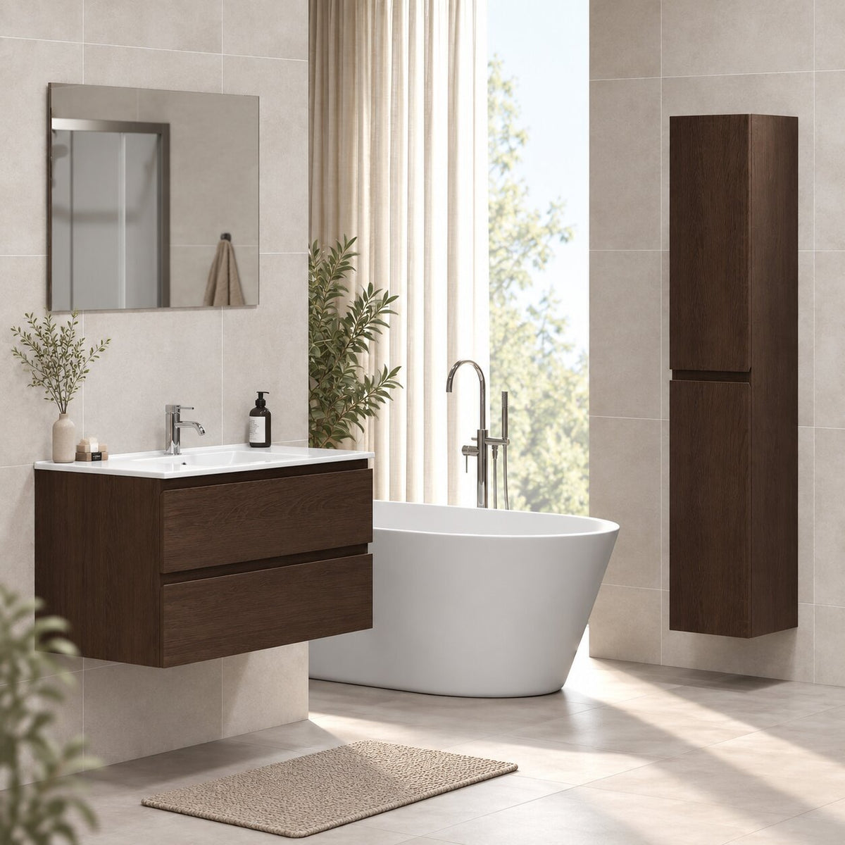 Bathroom furniture with classic integrated fronts - 60x46x50 cm - walnut - ceramic basin - Kenwood - MASTERSTORE - 8595677181050 - Vanity Units - 80-060-04-84-01 - 8595677181050