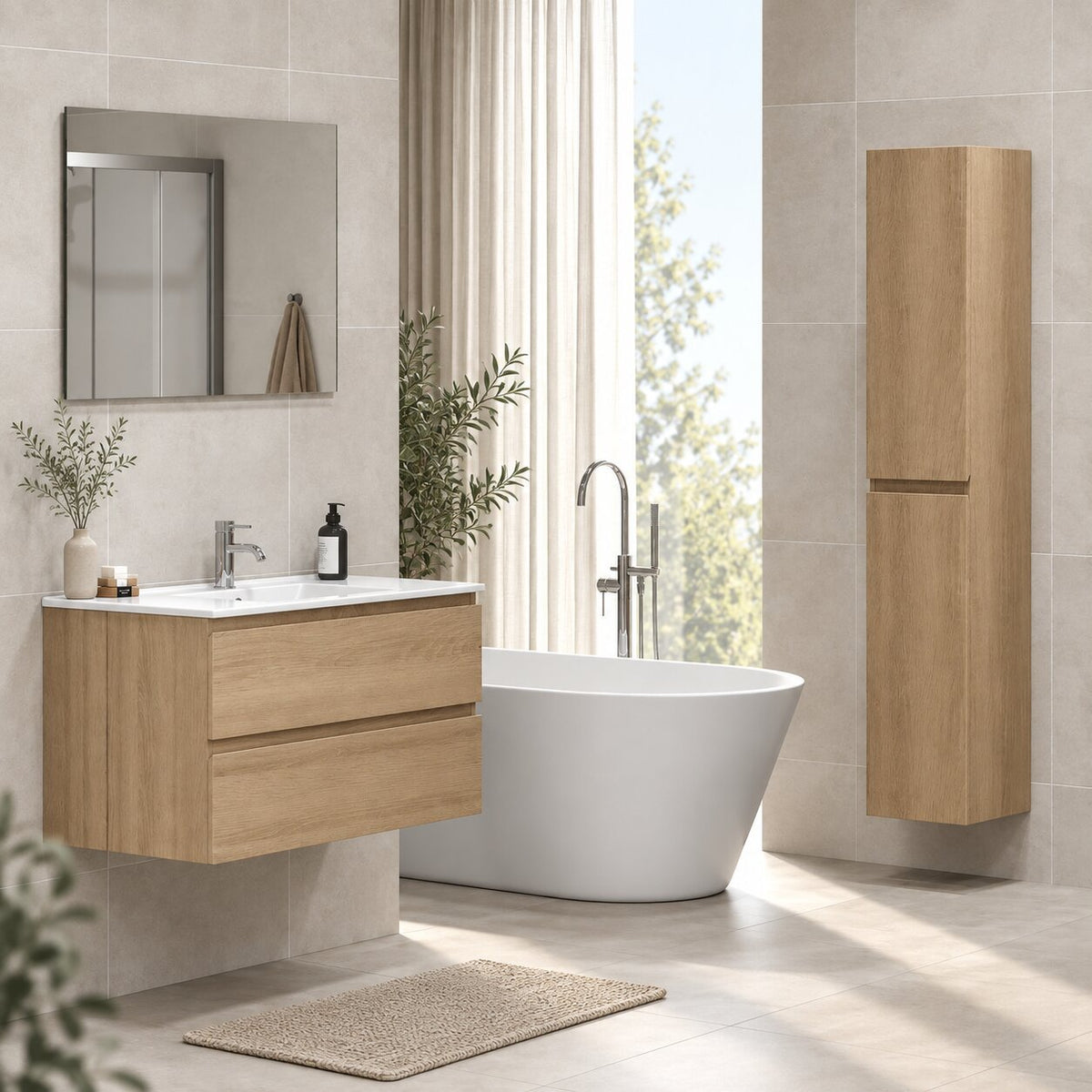 Bathroom furniture with classic integrated fronts - 60x46x50 cm - oak - ceramic basin - Kenwood - MASTERSTORE - 8595677181043 - Vanity Units - 80-060-04-86-01 - 8595677181043