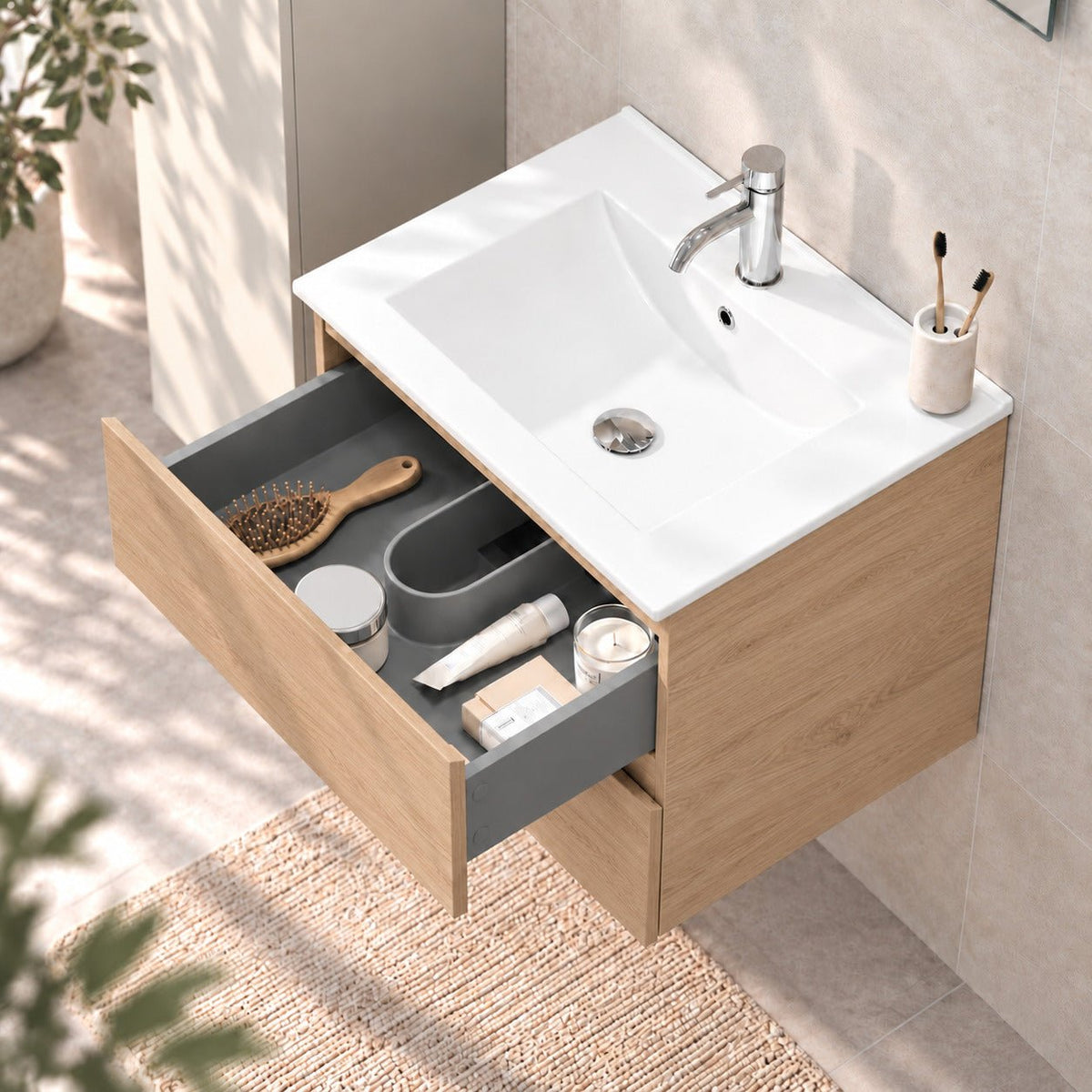 Bathroom furniture with classic integrated fronts - 60x46x50 cm - oak - ceramic basin - Kenwood - MASTERSTORE - 8595677181043 - Vanity Units - 80-060-04-86-01 - 8595677181043