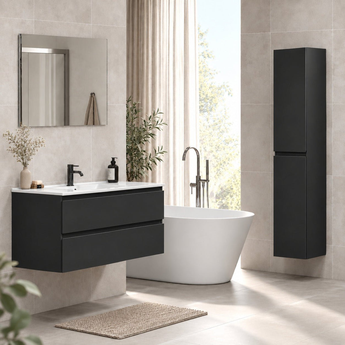 Bathroom furniture with classic integrated fronts - 90x46x50 cm - matt black - ceramic basin - Kenwood - MASTERSTORE - 8595677181098 - Vanity Units - 80-090-04-02-01 - 8595677181098