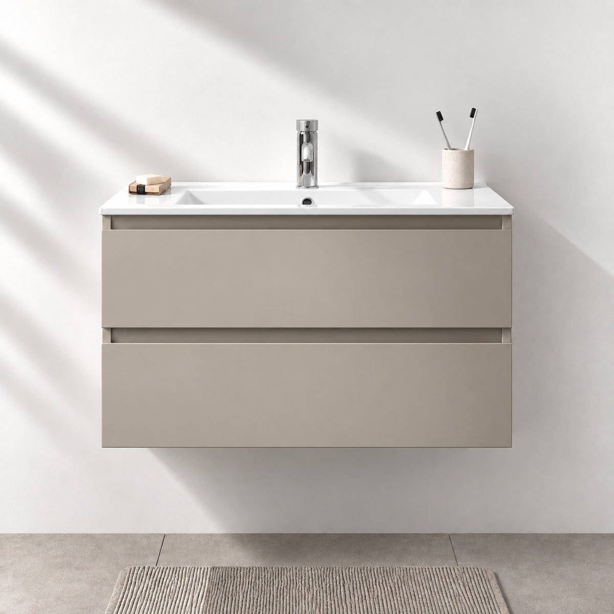 Badrumsmöbel med klassiska integrerade fronter - 90x46x50 cm - Marakesh - porslinstvättställ - Kenwood