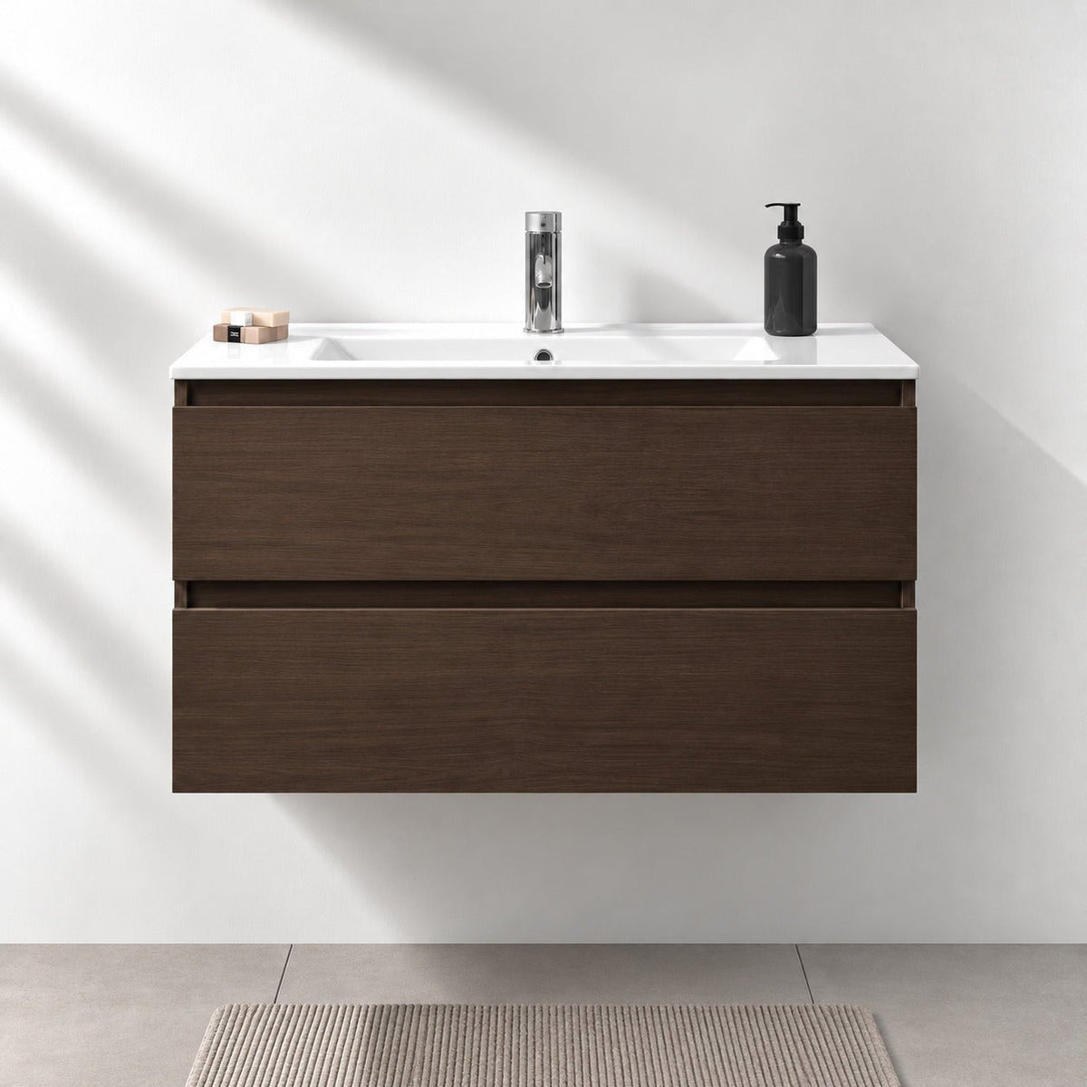 Bathroom furniture with classic integrated fronts - 90x46x50 cm - walnut - ceramic basin - Kenwood - MASTERSTORE - 8595677181111 - Vanity Units - 80-090-04-84-01 - 8595677181111