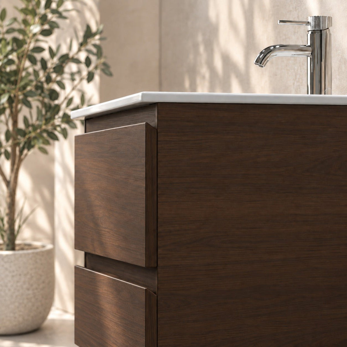 Bathroom furniture with classic integrated fronts - 90x46x50 cm - walnut - ceramic basin - Kenwood - MASTERSTORE - 8595677181111 - Vanity Units - 80-090-04-84-01 - 8595677181111