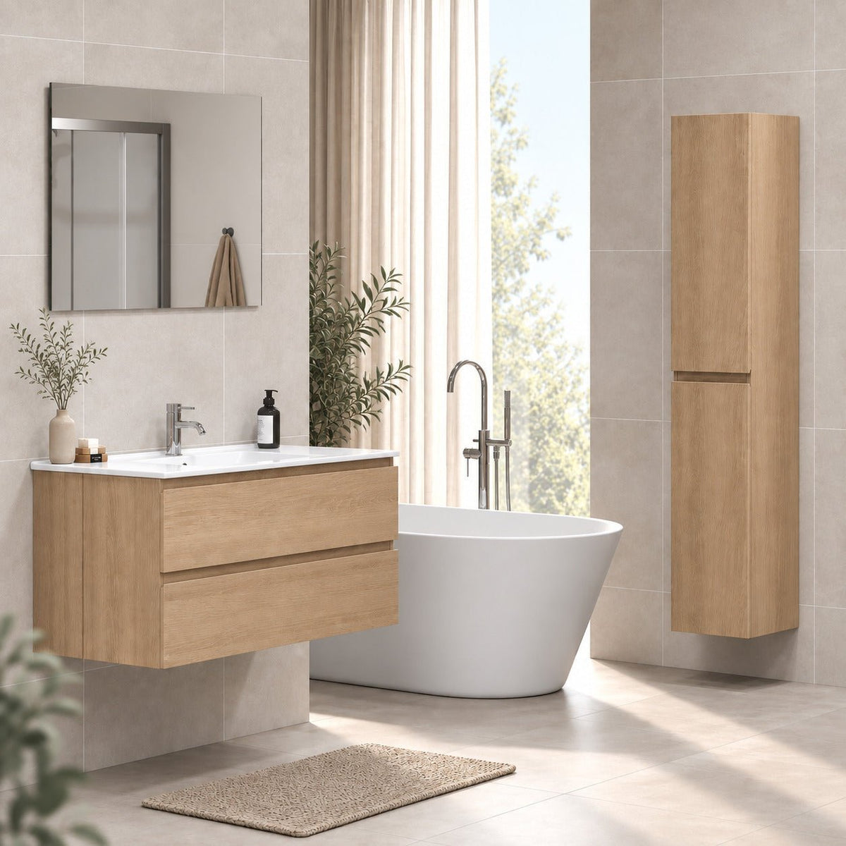 Bathroom furniture with classic integrated fronts - 90x46x50 cm - oak - ceramic basin - Kenwood - MASTERSTORE - 8595677181104 - Vanity Units - 80-090-04-86-01 - 8595677181104