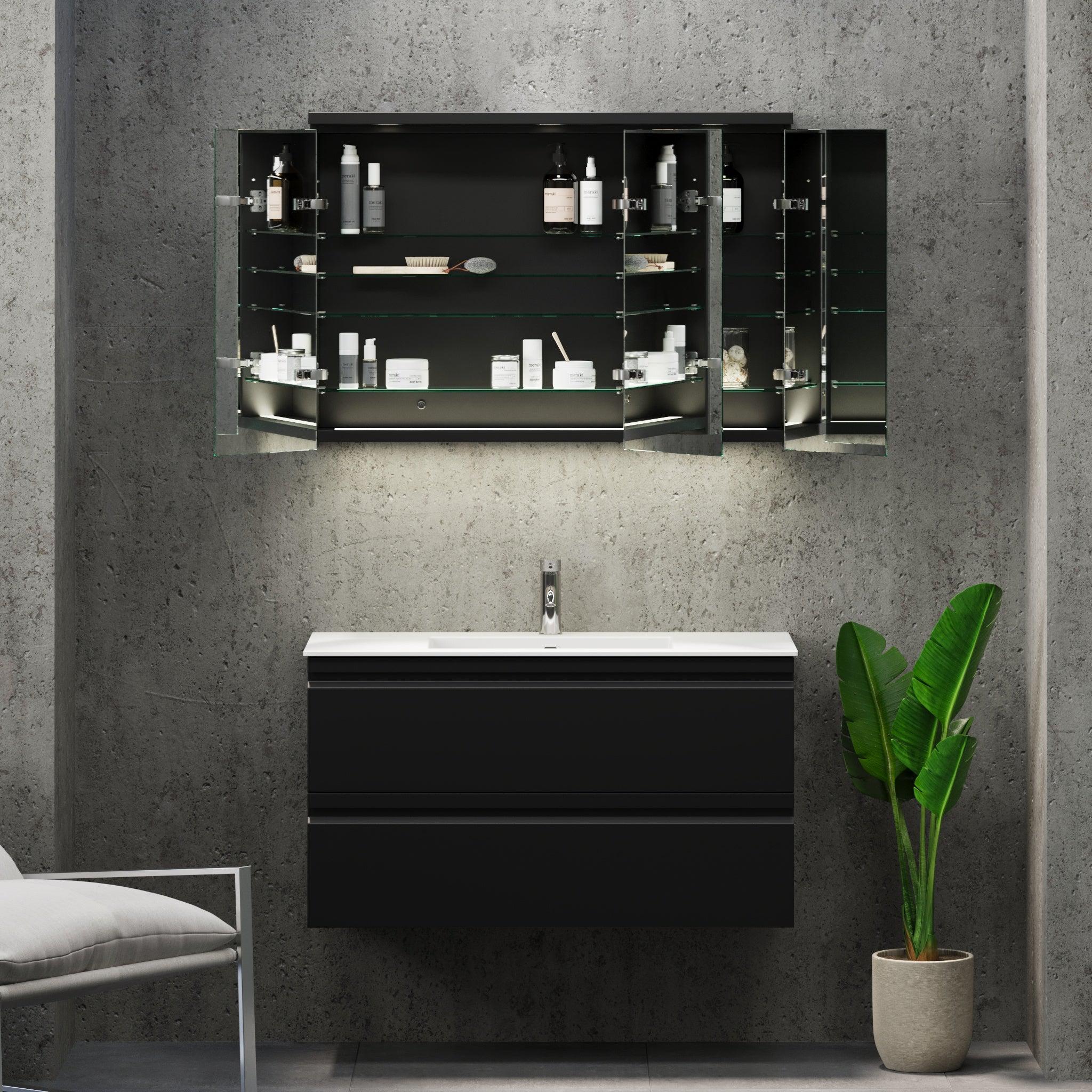 Fredrikstad Spegelskåp med LED belysning, Rund, Svart Matt