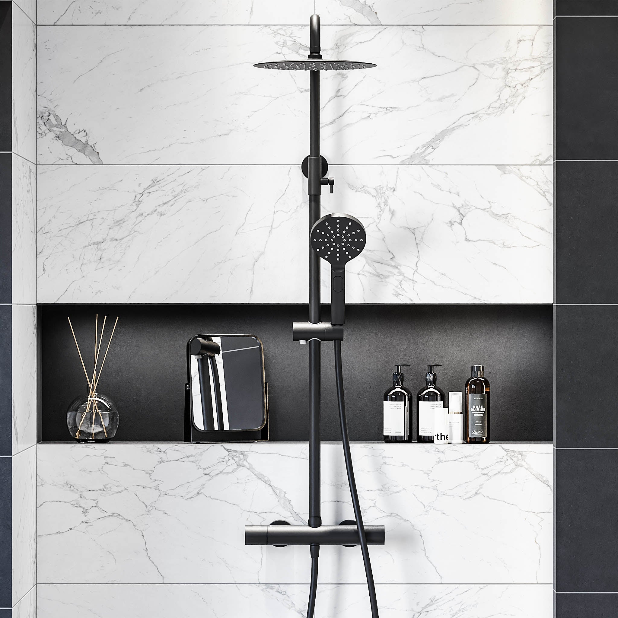 Takduschset med termostatblandare 150mm C/C – Ø250 mm takdusch, handdusch - mattsvart – Dragør - Takduschset - Shower system with thermostatic mixer 150mm C/C - Ø250 mm overhead shower, hand shower - matt black - Dragør - MASTERSTORE - 8595677103816 - Showersystem - 31 - 120 - 05 - 02 - 00 - 8595677103816 - 