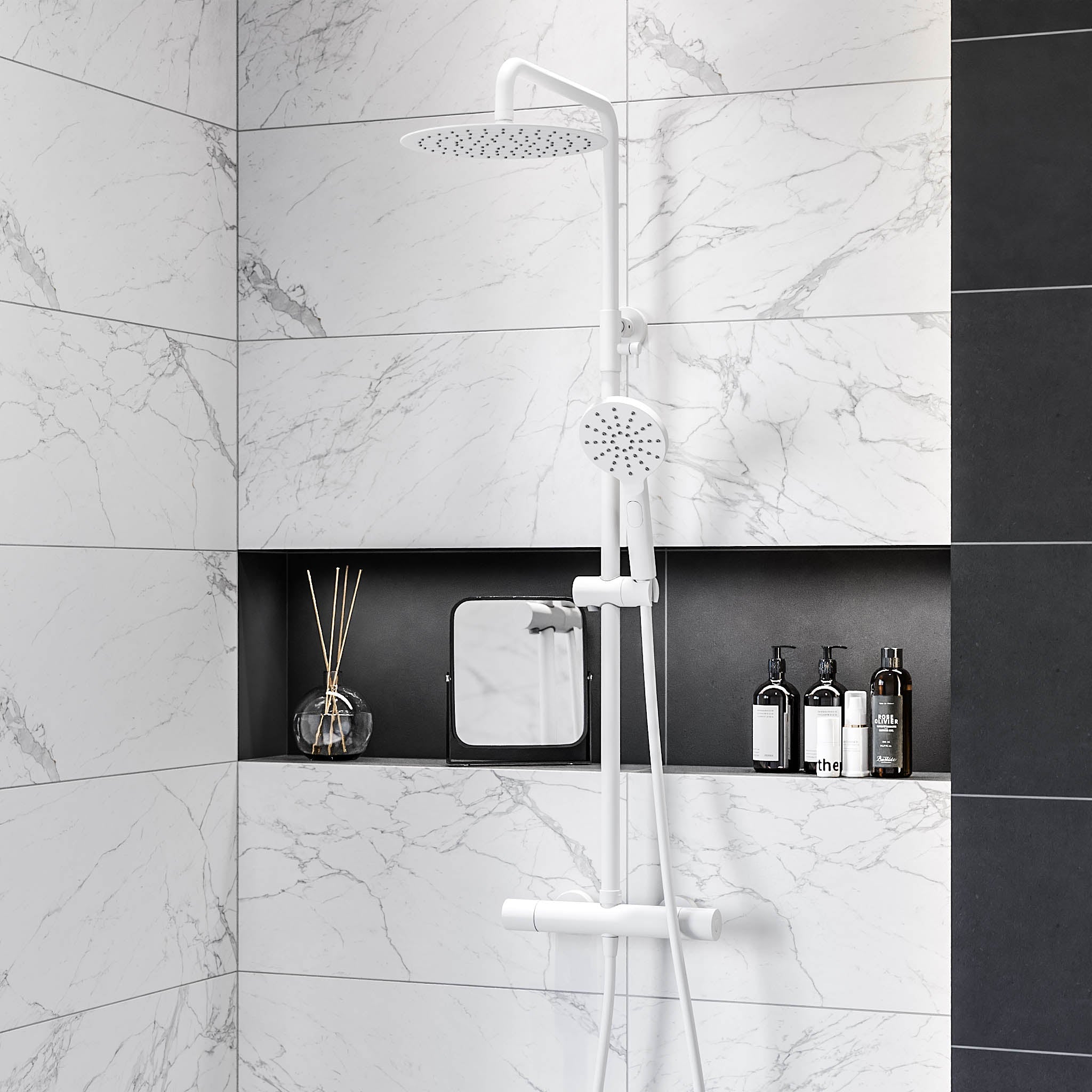 Takduschset med termostatblandare 150mm C/C - Ø250 mm takdusch, handdusch - mattvit - Dragør - Duschsystem - Shower system with thermostatic mixer 150mm C/C - Ø250 mm overhead shower, hand shower - matt white - Dragør - MASTERSTORE - 8595677133363 - Showersystem - 31 - 120 - 05 - 01 - 00 - 8595677133363 - 