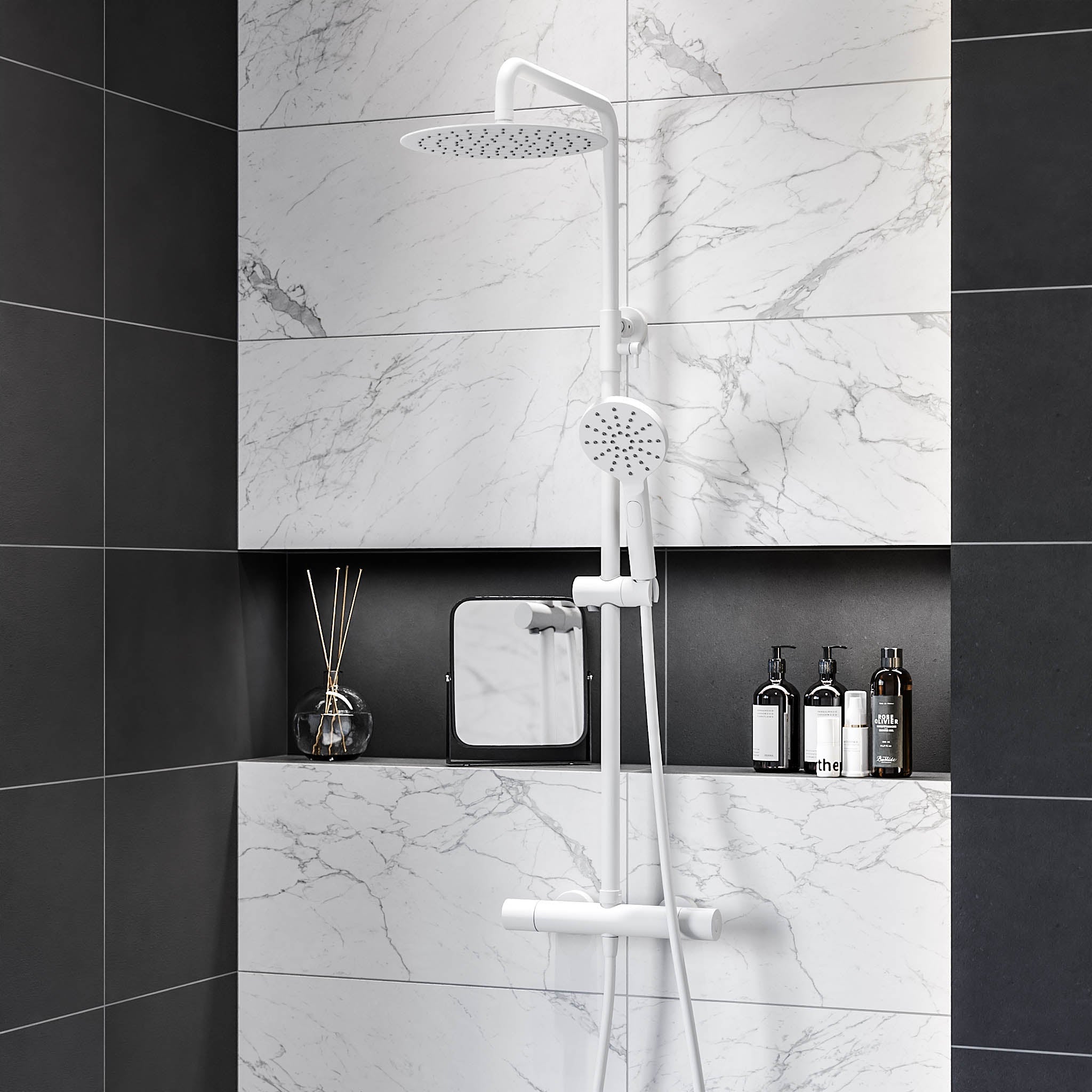 Takduschset med termostatblandare 150mm C/C - Ø250 mm takdusch, handdusch - mattvit - Dragør - Duschsystem - Shower system with thermostatic mixer 150mm C/C - Ø250 mm overhead shower, hand shower - matt white - Dragør - MASTERSTORE - 8595677133363 - Showersystem - 31 - 120 - 05 - 01 - 00 - 8595677133363 - 