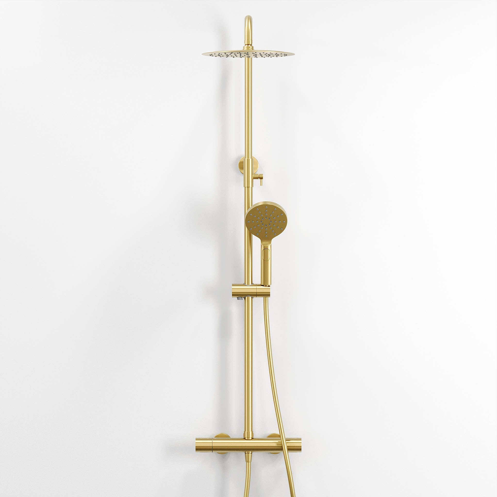Takduschset med termostatblandare 150mm C/C - Ø250 mm takdusch, handdusch - borstad mässing - Dragør - Duschsystem - Shower system with thermostatic mixer 150mm C/C - Ø250 mm overhead shower, hand shower - brushed brass - Dragør - MASTERSTORE - 8595677133370 - Showersystem - 31 - 120 - 05 - 70 - 00 - 8595677133370 - 