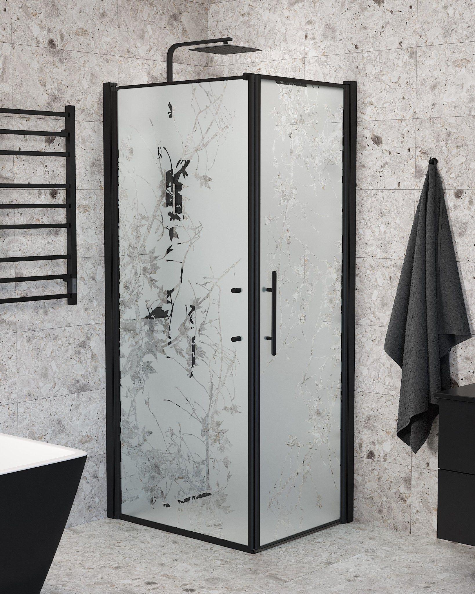 Duschhörna med fast vägg och dörr - 80x80x198 cm - 6 mm frostat dekor nanoglas - svart profil - Vänern - Duschhörn - Wall + Door - Decor, Shower Enclosure Set - Code, Decor/Black - 80 cm - MASTERSTORE - 8595677139785 - Shower Enclosure Set - Code - 40 - 808 - 00 - 54 - 00 - 8595677139785 - 