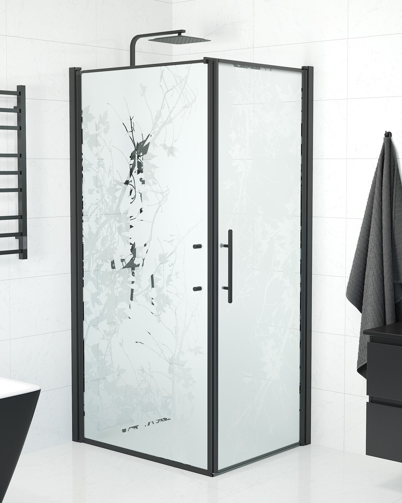 Duschhörna med fast vägg och dörr - 80x80x198 cm - 6 mm frostat dekor nanoglas - svart profil - Vänern - Duschhörn - Wall + Door - Decor, Shower Enclosure Set - Code, Decor/Black - 80 cm - MASTERSTORE - 8595677139785 - Shower Enclosure Set - Code - 40 - 808 - 00 - 54 - 00 - 8595677139785 - 