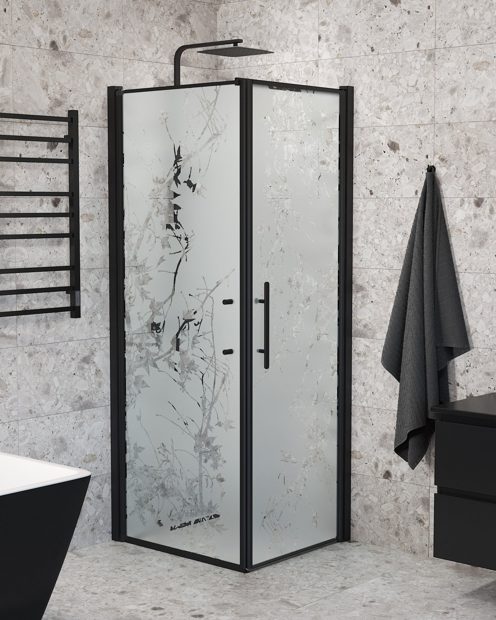 Duschhörna med fast vägg och dörr - 80x80x198 cm - 6 mm frostat dekor nanoglas - svart profil - Vänern - Duschhörn - Wall + Door - Decor, Shower Enclosure Set - Code, Decor/Black - 80 cm - MASTERSTORE - 8595677139785 - Shower Enclosure Set - Code - 40 - 808 - 00 - 54 - 00 - 8595677139785 - 