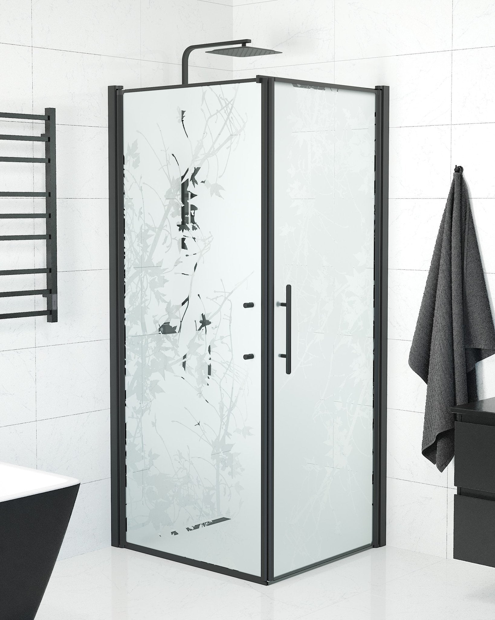 Duschhörna med fast vägg och dörr - 80x80x198 cm - 6 mm frostat dekor nanoglas - svart profil - Vänern - Duschhörn - Wall + Door - Decor, Shower Enclosure Set - Code, Decor/Black - 80 cm - MASTERSTORE - 8595677139785 - Shower Enclosure Set - Code - 40 - 808 - 00 - 54 - 00 - 8595677139785 - 