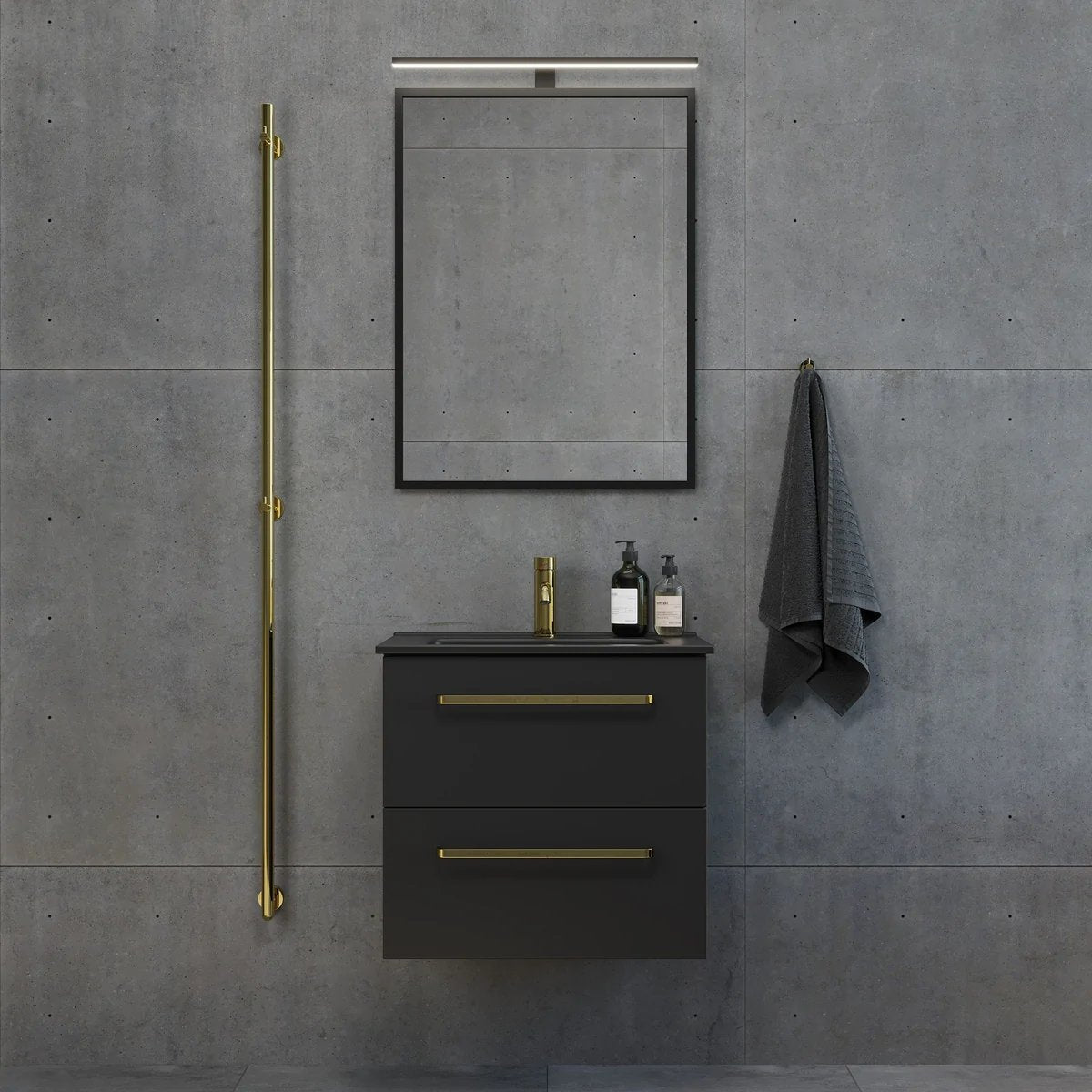 Badrumsmöbel med klassiska fronter - 100x46x57 cm - mattsvart - svart porslinstvättställ - mässingshandtag - Vegsund - Tvättställsskåp - Vegsund, Furniture Set - Code, Black Mat - 101 cm - MASTERSTORE - 8595677141924 - Furniture Set - Code - 70 - 100 - 56 - 02 - 30 - 8595677141924 - 