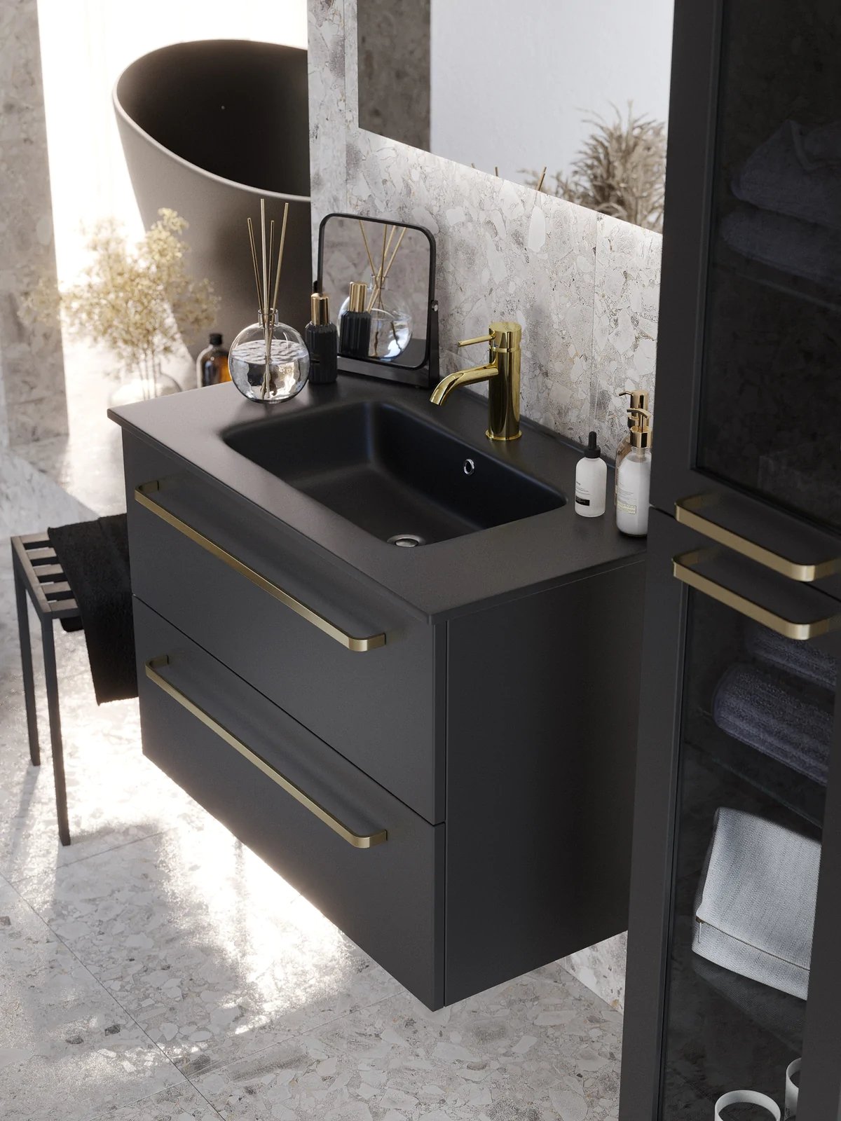 Badrumsmöbel med klassiska fronter - 120x46x57 cm - mattsvart - svart porslinstvättställ - mässingshandtag - Vegsund - Tvättställsskåp - Vegsund, Furniture Set - Code, Black Mat - 120 cm - MASTERSTORE - 8595677141931 - Furniture Set - Code - 70 - 120 - 56 - 02 - 30 - 8595677141931 - 