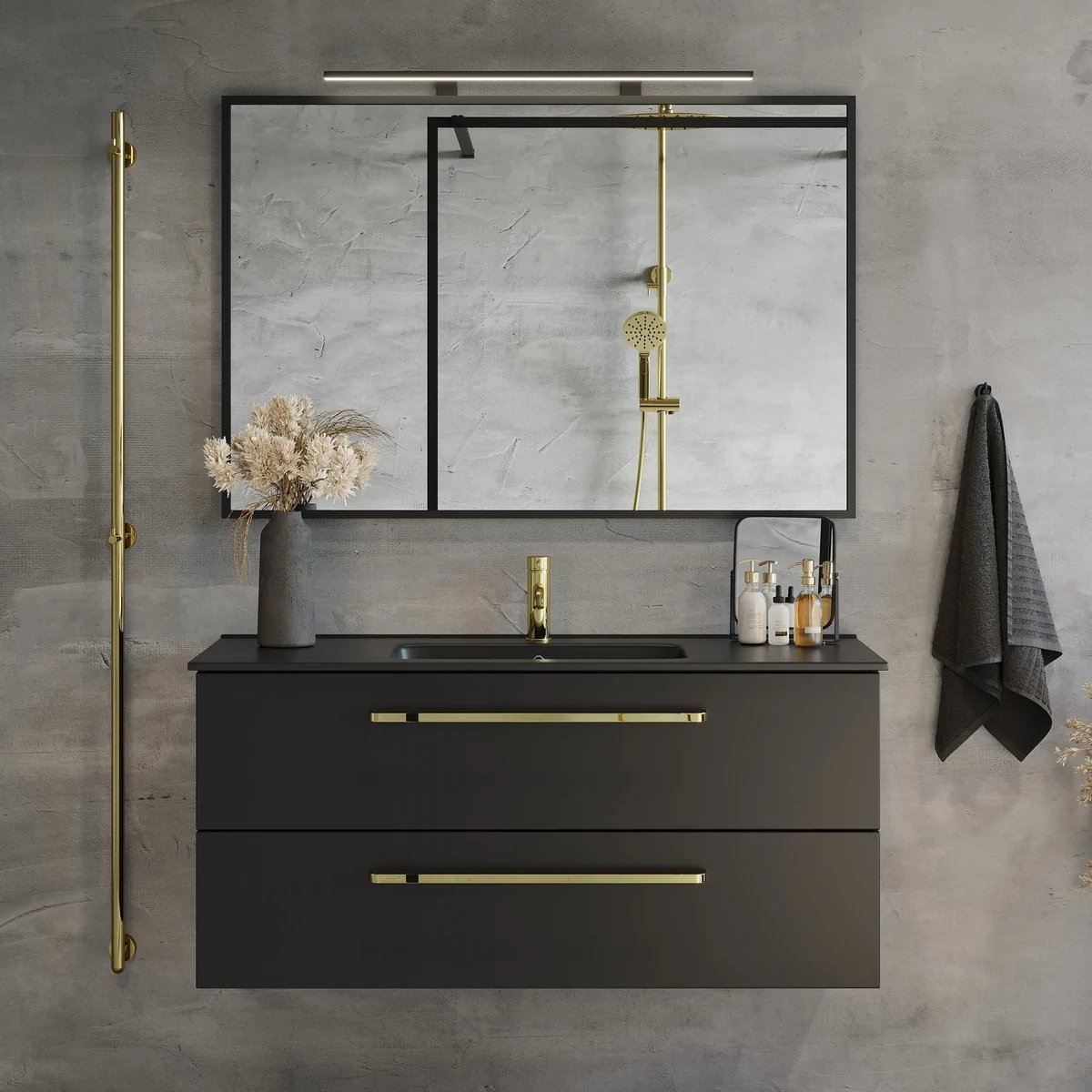 Badrumsmöbel med klassiska fronter - 120x46x57 cm - mattsvart - svart porslinstvättställ - mässingshandtag - Vegsund - Tvättställsskåp - Vegsund, Furniture Set - Code, Black Mat - 120 cm - MASTERSTORE - 8595677141931 - Furniture Set - Code - 70 - 120 - 56 - 02 - 30 - 8595677141931 - 