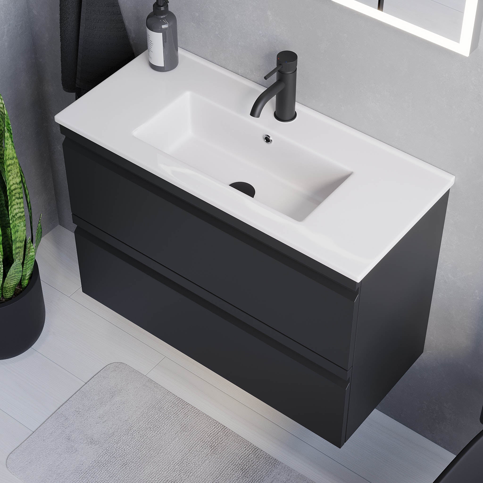 Badrumsmöbel med integrerade fronter - SLIM - 60x36x57 cm - matt svart - vitt porslinstvättställ - Knarrlagsund - Tvättställsskåp - Knarrlagsund, Furniture Set - Code, Black Mat - 60 cm - MASTERSTORE - 8595677142433 - Furniture Set - Code - 74 - 060 - 70 - 02 - 30 - 8595677142433 - 