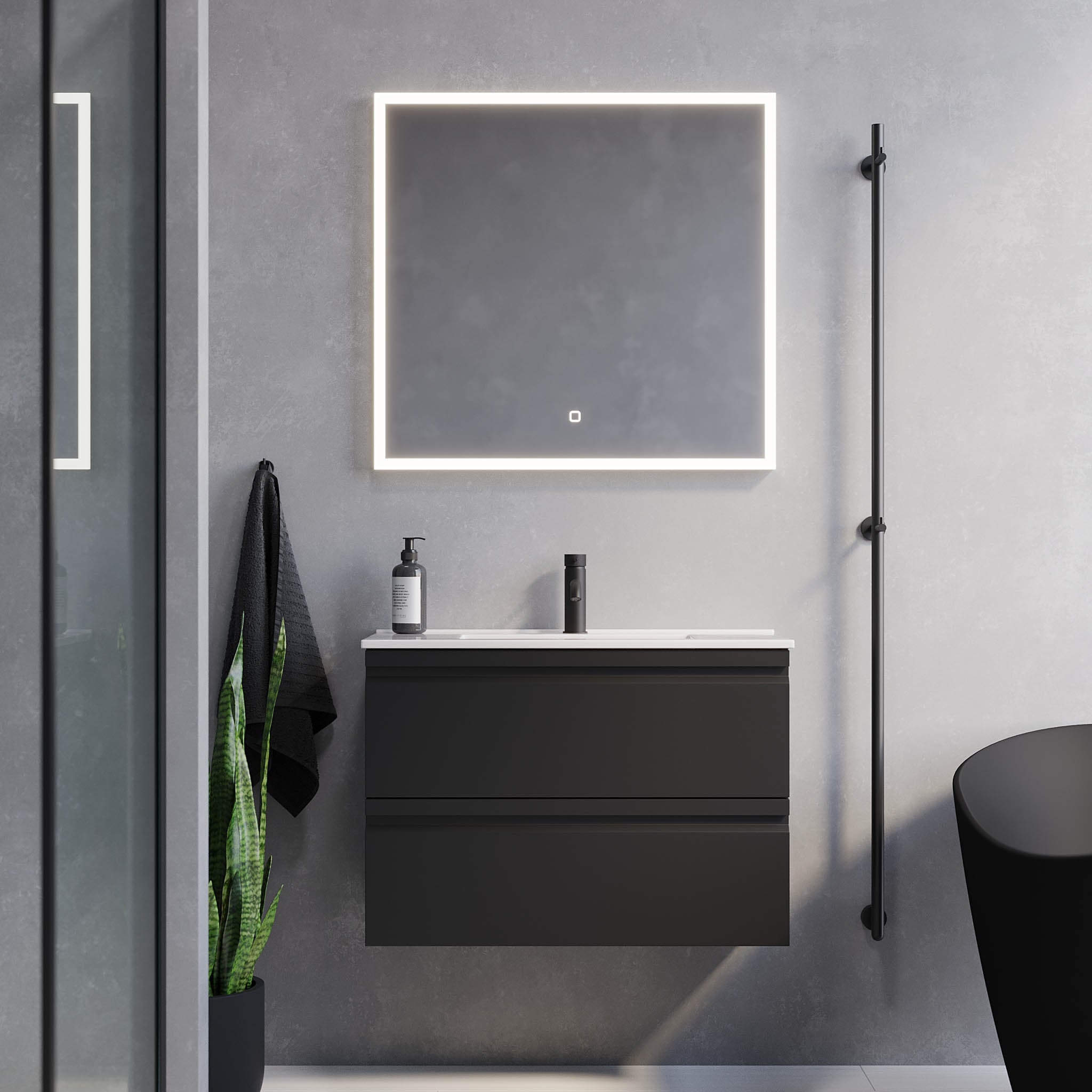 Badrumsmöbel med integrerade fronter - SLIM - 80x36x57 cm - matt svart - vitt porslinstvättställ - Knarrlagsund - Tvättställsskåp - Knarrlagsund, Furniture Set - Code, Black Mat - 80 cm - MASTERSTORE - 8595677142471 - Furniture Set - Code - 74 - 080 - 70 - 02 - 30 - 8595677142471 - 