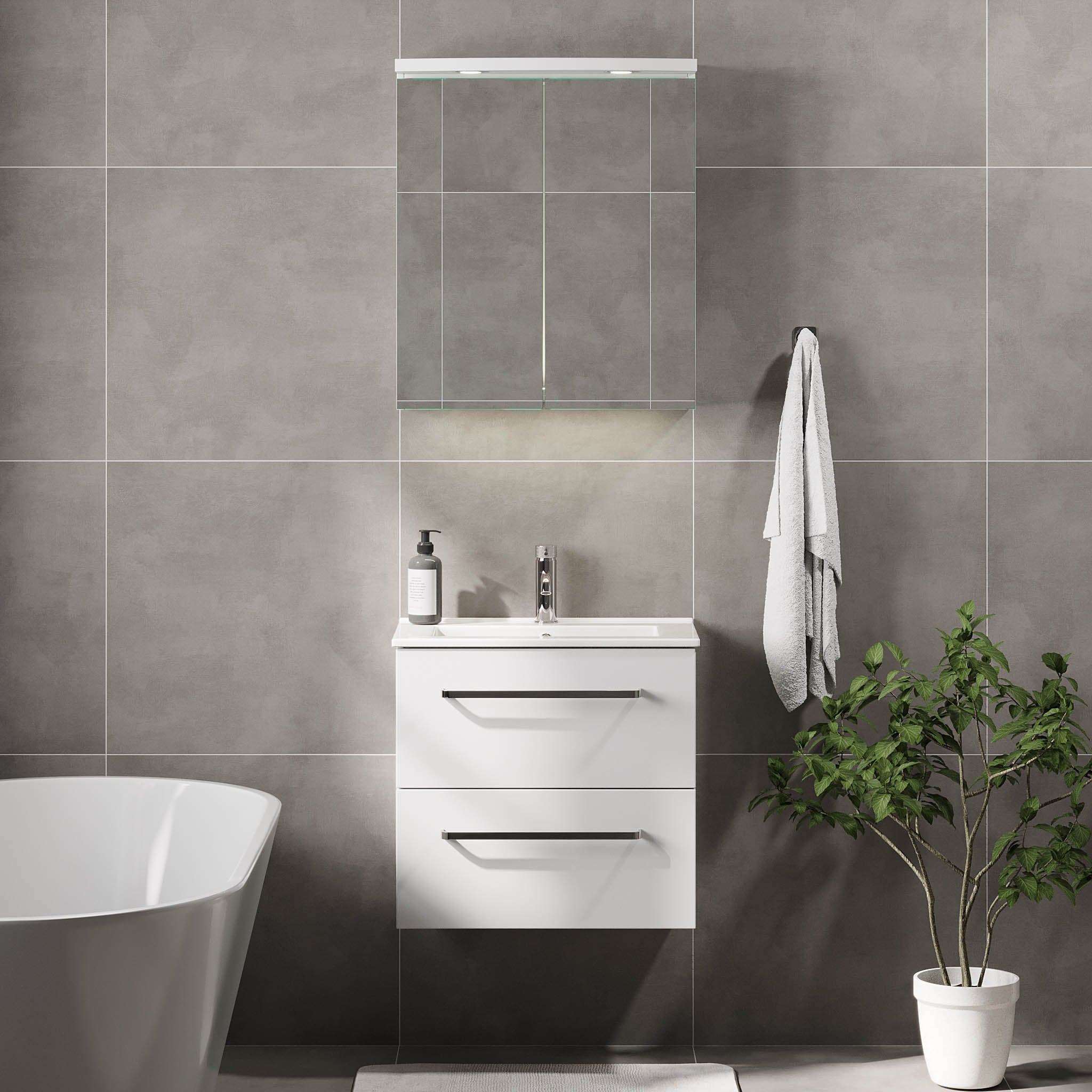 Badrumsmöbel med klassiska fronter - SLIM - 60x36x57 cm - mattvit - vitt porslinstvättställ - kromade handtag - Volda - Tvättställsskåp - Volda, Furniture Set - Code, White Mat - 60 cm - MASTERSTORE - 8595677150667 - Furniture Set - Code - 70 - 060 - 70 - 01 - 30 - 8595677150667 - 