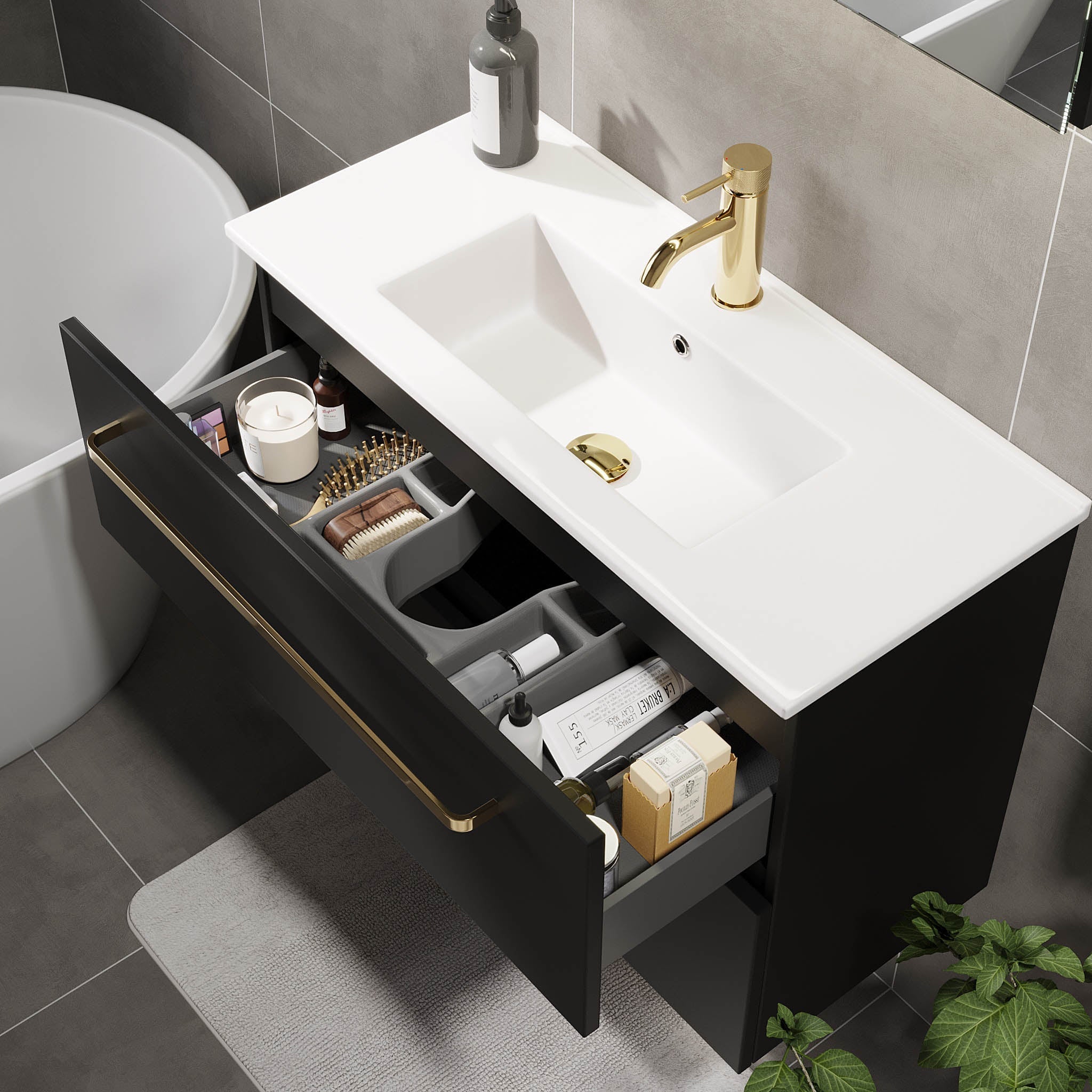 Badrumsmöbel med klassiska fronter - SLIM - 60x36x57 cm - mattsvart - vitt porslinstvättställ - mässingshandtag - Volda - Tvättställsskåp - Volda, Furniture Set - Code, Black Mat - 60 cm - MASTERSTORE - 8595677150674 - Furniture Set - Code - 70 - 060 - 70 - 02 - 30 - 8595677150674 - 