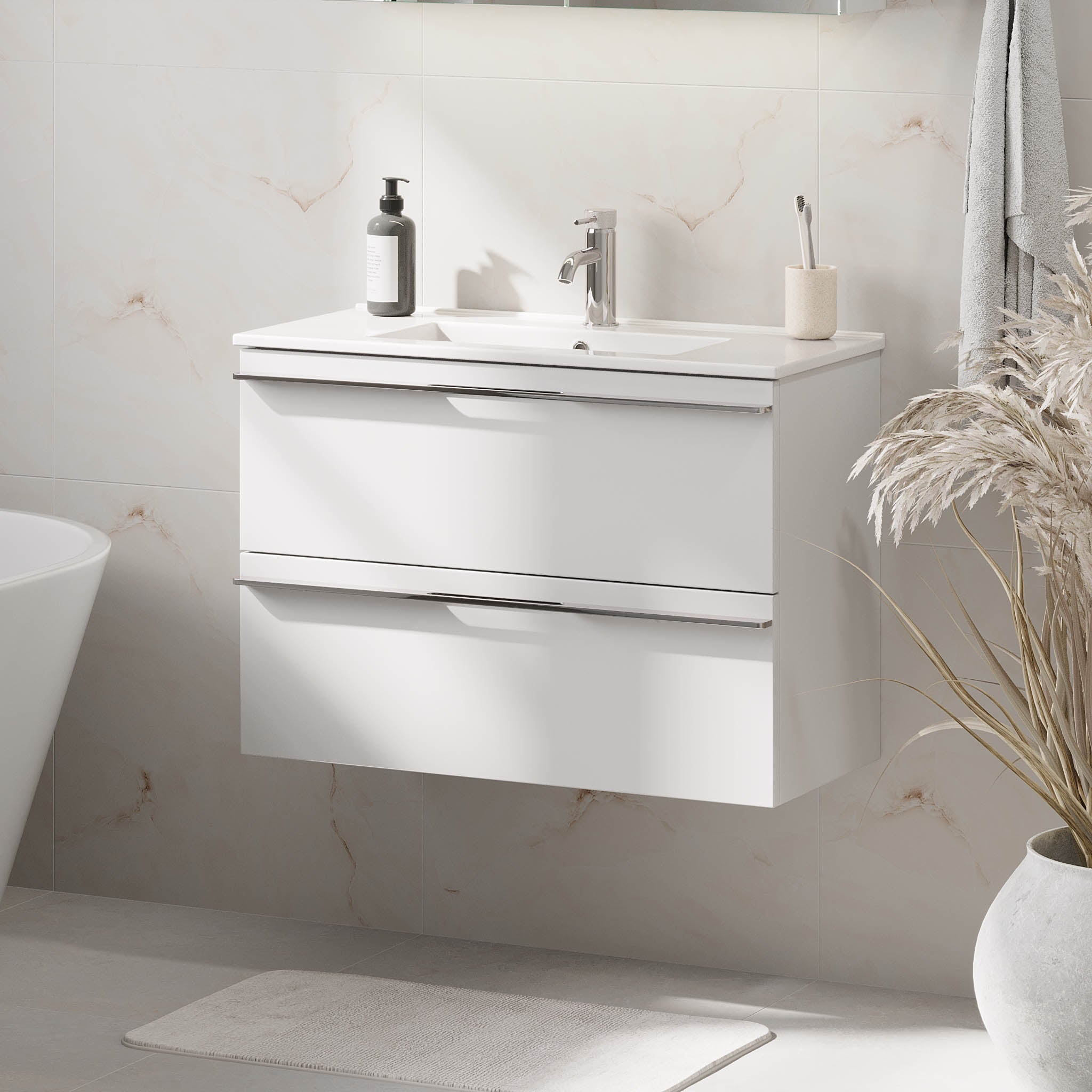 Badrumsmöbel med klassiska fronter - SLIM - 60x36x57 cm - mattvit - vitt porslinstvättställ - kromade handtag - Verdal - Tvättställsskåp - Verdal, Furniture Set - Code, White Mat - 60 cm - MASTERSTORE - 8595677150704 - Furniture Set - Code - 70 - 060 - 70 - 01 - 31 - 8595677150704 - 