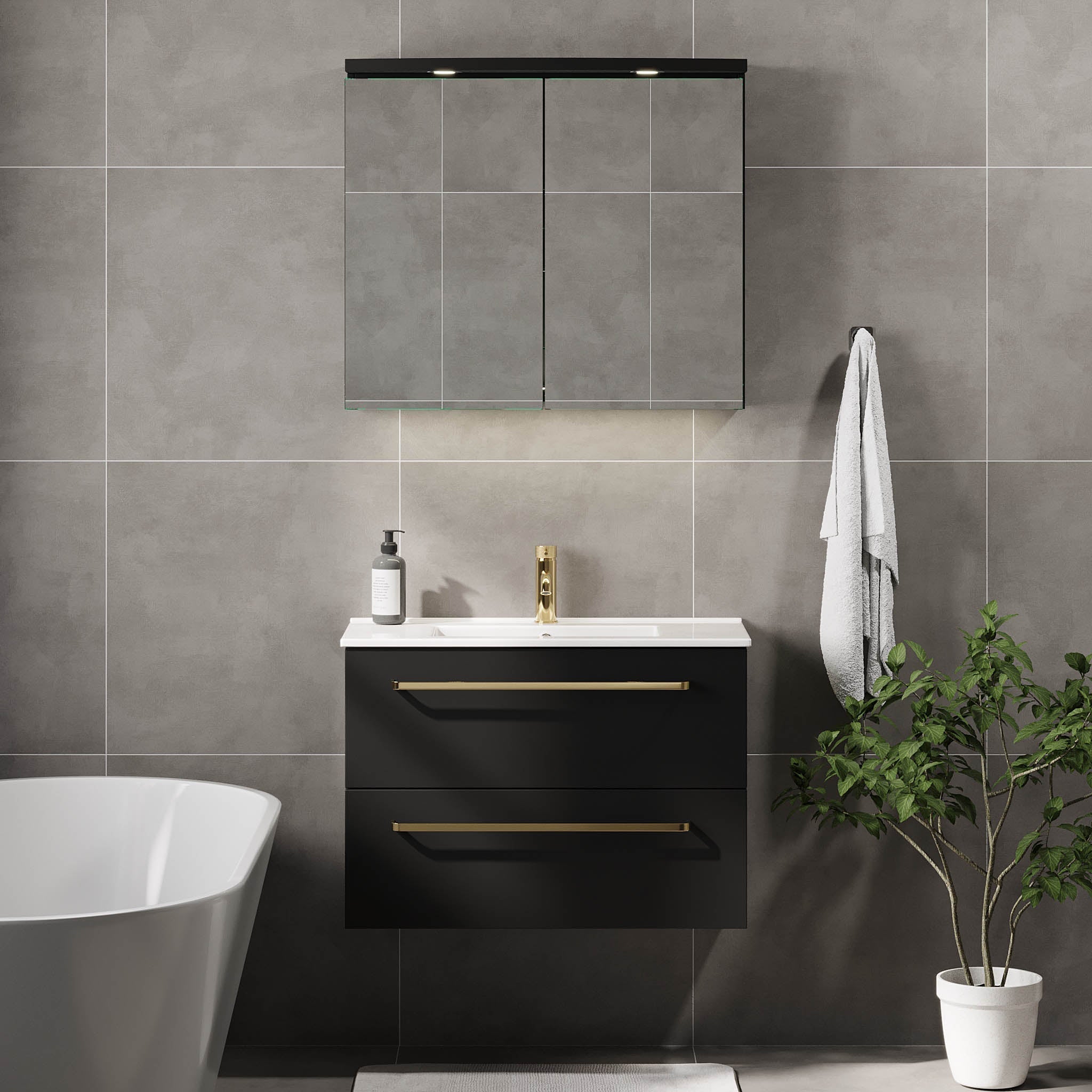 Badrumsmöbel med klassiska fronter - SLIM - 80x36x57 cm - mattsvart - vitt porslinstvättställ - mässingshandtag - Volda - Tvättställsskåp - Volda, Furniture Set - Code, Black Mat - 81 cm - MASTERSTORE - 8595677150759 - Furniture Set - Code - 70 - 080 - 70 - 02 - 30 - 8595677150759 - 